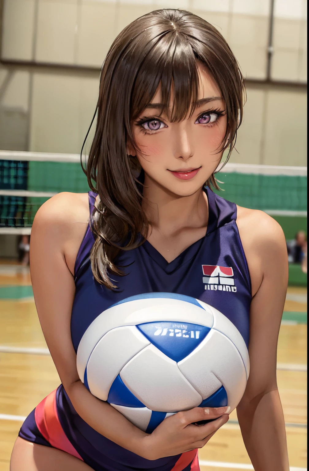 1 Lady Solo, /(Volleyball uniform/), /(dark brown hair/) Bangs, A light smile with blushing cheeks, (masterpiece best quality:1.2) Ultra-detailed and delicate illustrations, Big Break /(Indoor Volleyball Court/)
