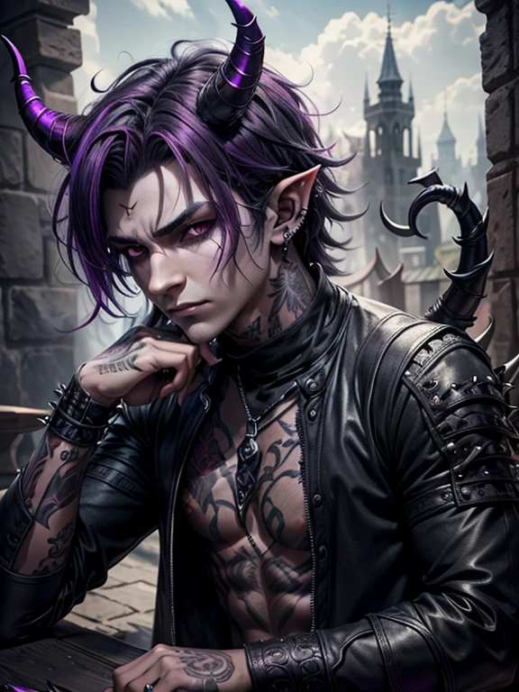 tiefling demon. dark grey short shaggy hair, smoky, layered horns, assassin, , piercings, spikes, facial piercings, purple skin tone,  fantasy, medieval, boy, male, emo, large horns, rogue,, no lipstick, one broken horn, scars, tattoos, four curled horns, soft features, shirt on, masculine, fem, eyeliner, no facial hair, closed shirt