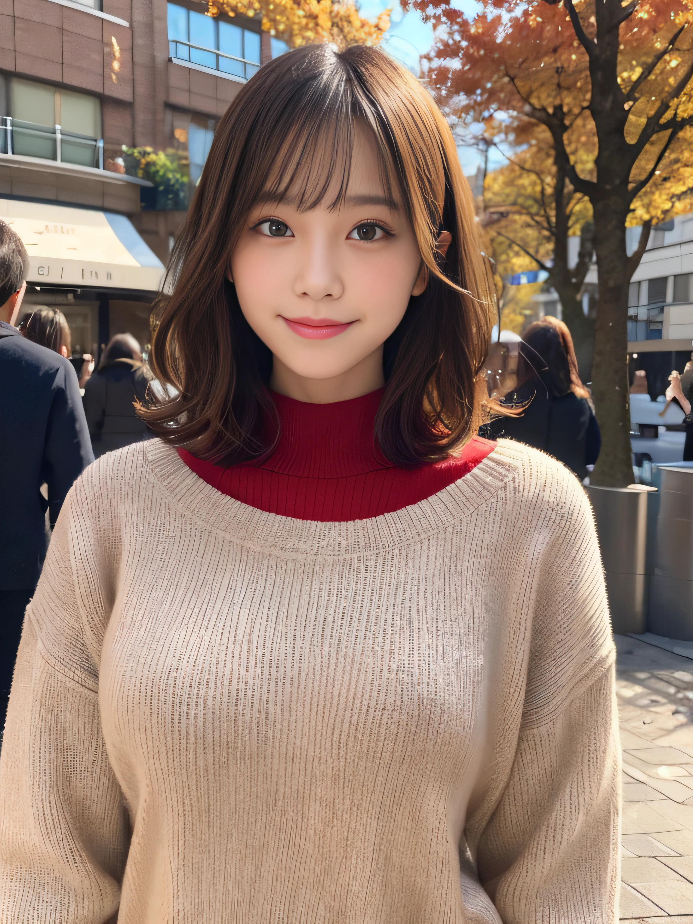 She looks happy when she sees this、Under the autumn sky、Red Sweater、masutepiece, Best Quality, Illustration, Ultra-detailed, finely detail, hight resolution, 8K Wallpaper, Perfect dynamic composition, Beautiful detailed eyes,Short bob hair,Small breasts natural color lip, Bold sexy poses,Smile,Shibuya、a 18 year old girl、Cute、Subject looking at sexy pose on camera