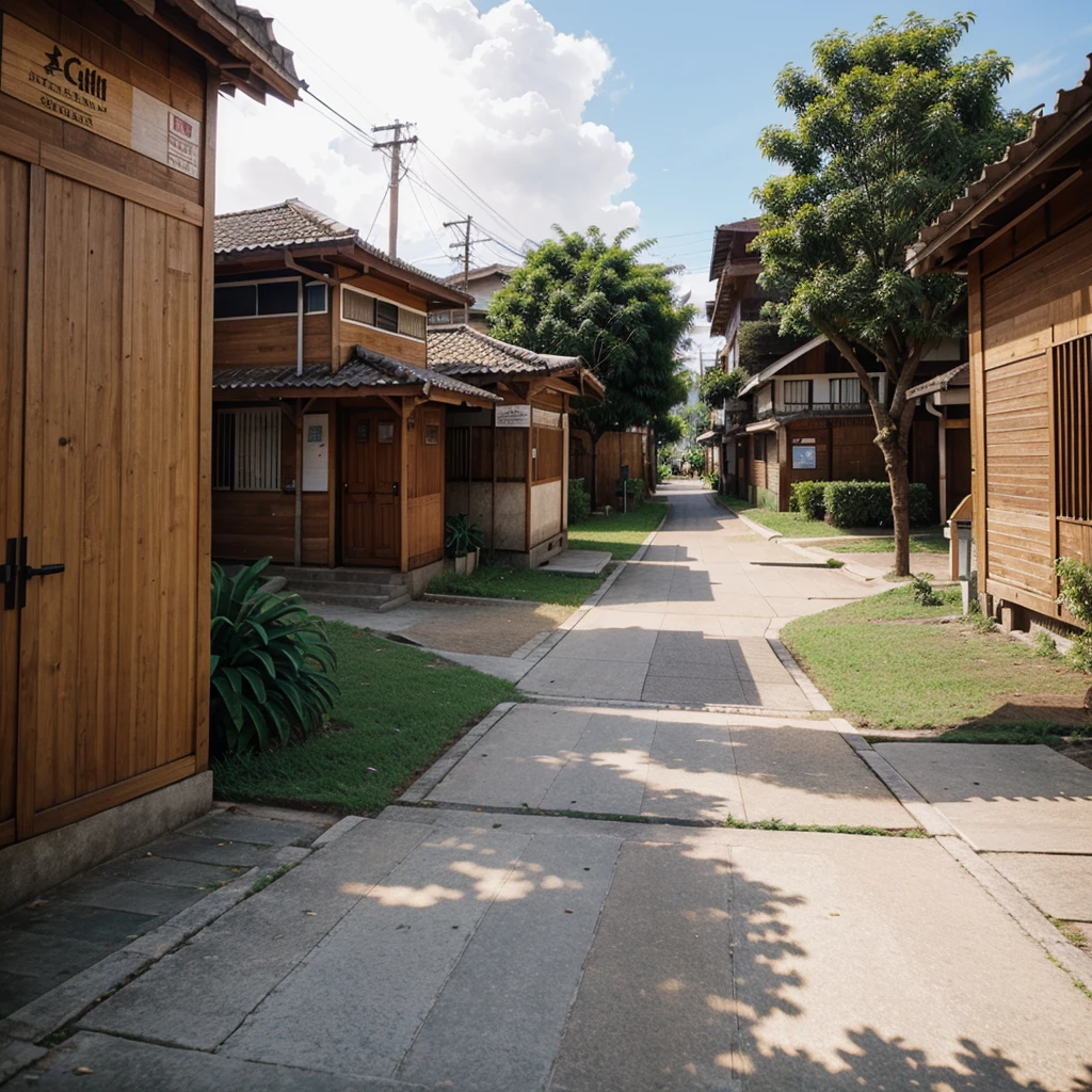 Uma cidade ,bushes on the sidewalks,wooden buildings