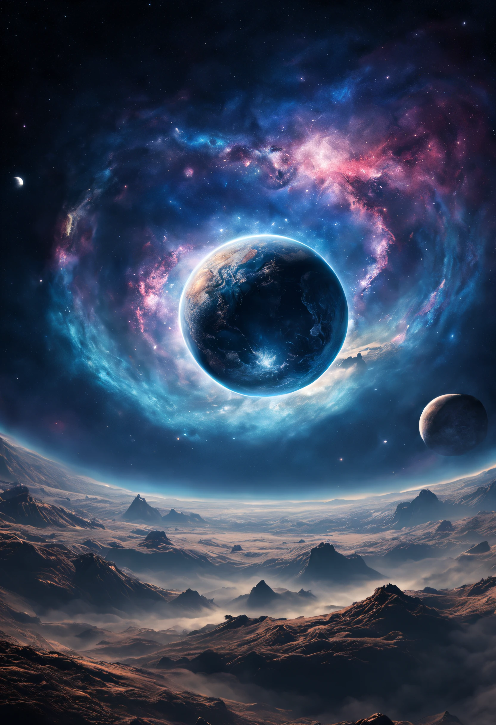 An impressive and beautiful, detailed, textured magnificent alien galaxy with dreaming clouds of stardust and a textured planet a little further away