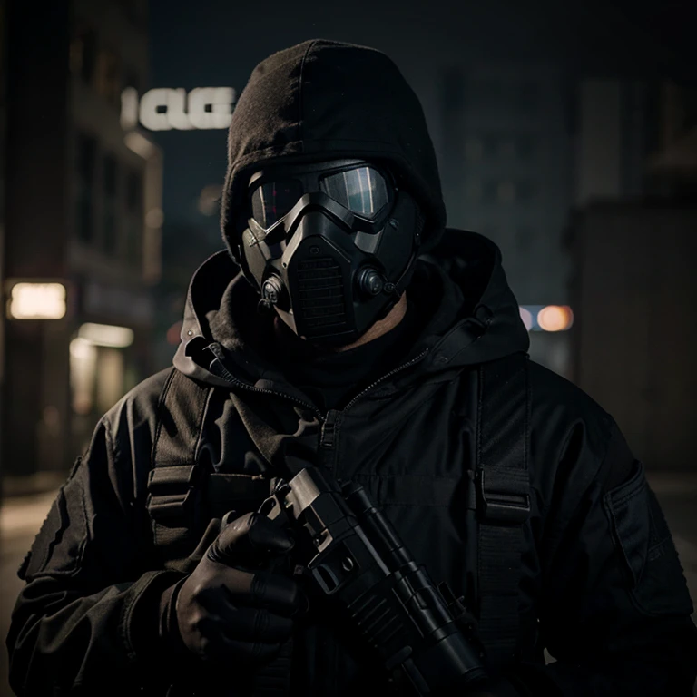 Man in black tactical gear with ghost call of duty mask and night vision goggles