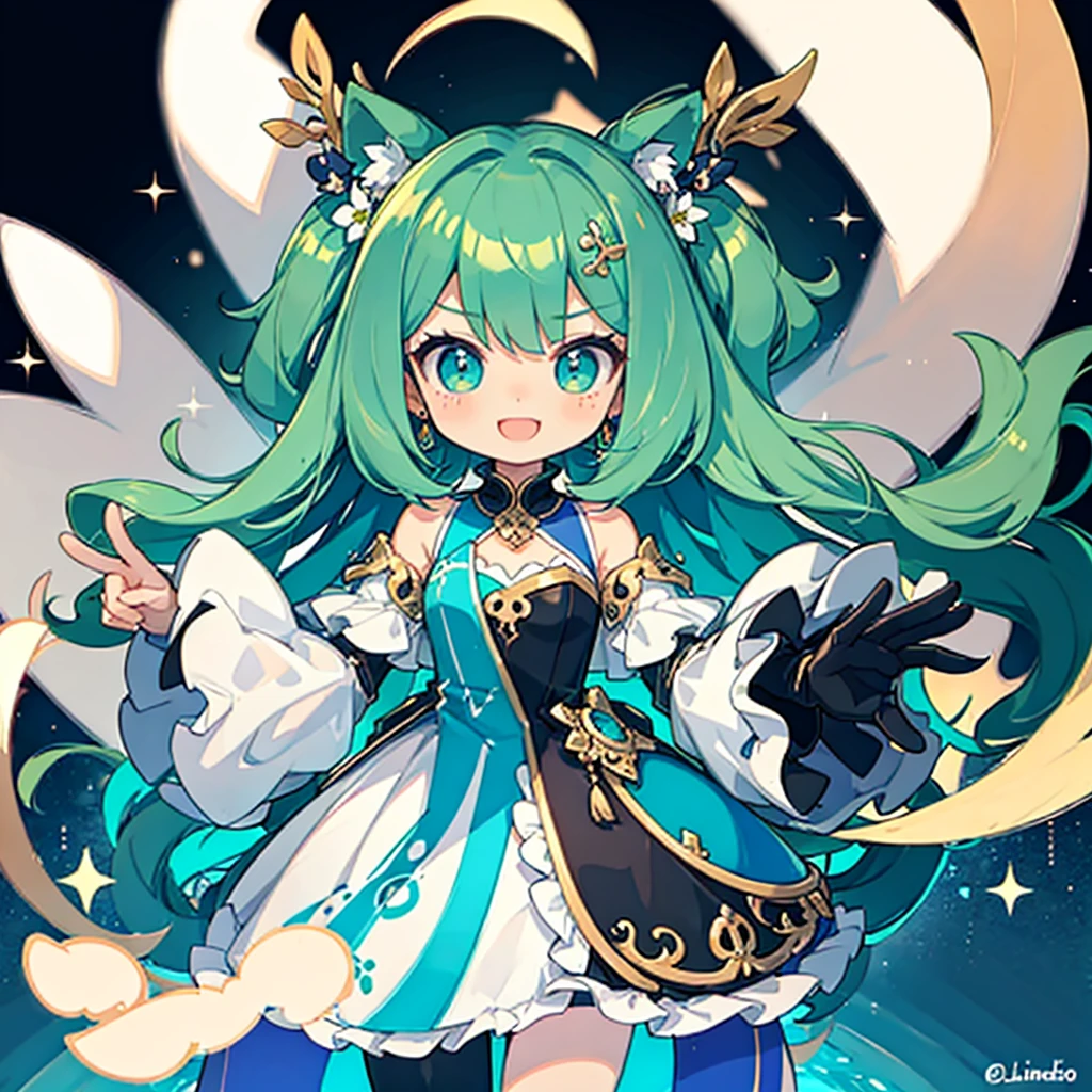 ((Personagem Chibi)), etiqueta, ((best quality)), ((master part)), (circunstanciado: 1.4), (absurdos), 1girl, Dramatic, Cinematic lighting, sharp shadows, cores silenciadas, roupa pastel verde menta, sorriso suave, Olhos felinos amarelos, cabelo dourado dourado e brilhante com lindas ondas, usando vestido de noiva elegante e moderno com renda, pose de senhora, ((corpo inteiro,)) Personagem SD, Chibi