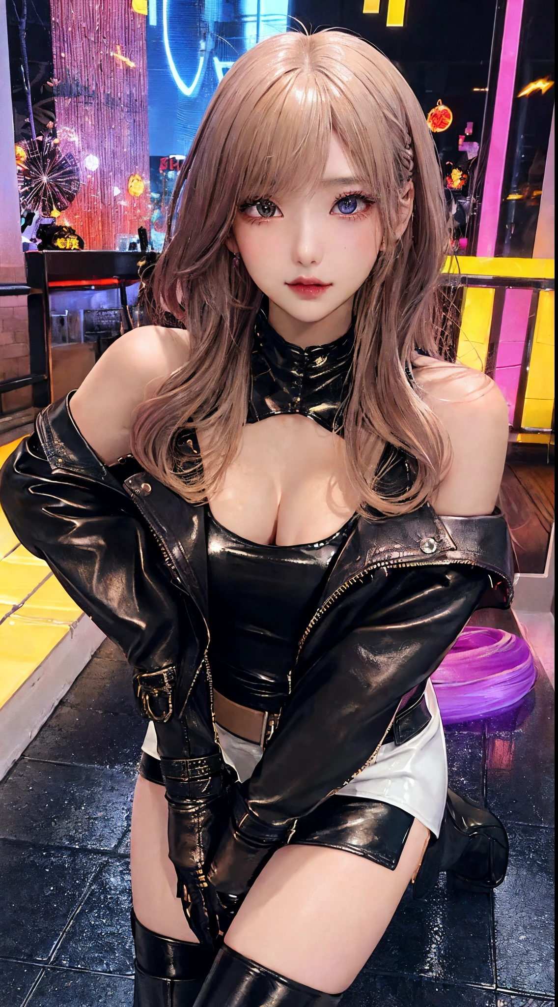 1人の女性、girl with、Semi-long、Gradient hair color、Loose Wave、leather jackets、Leather skirt、short leather boots、Eyes Like Gems、Anime Art Style、barechested、Quality clothing décor、High-quality ornaments、a blond、Beautiful skin、