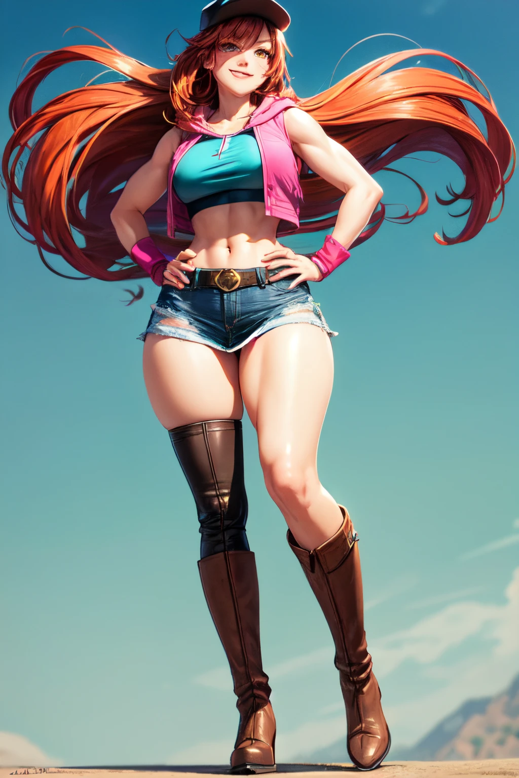 Massively tall and fit superheroine with long red hair which flares up at the ends, and brown eyes. She has a brown newsboy cap. Her attire consists of a pink stringed hoodie vest layered over a pink crop top. The outfit is paired with a miniskirt that goes extremely far past her hips. Her wears knee-high boots. She has a smug smile.