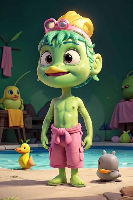 Generate the image of an alien, greenish gray. Your face should be friendly and sweet. He must be lying on a yellow duck-shaped float, with a pink bathing cap on his head, with a towel wrapped around his waist and swimming goggles on his face.