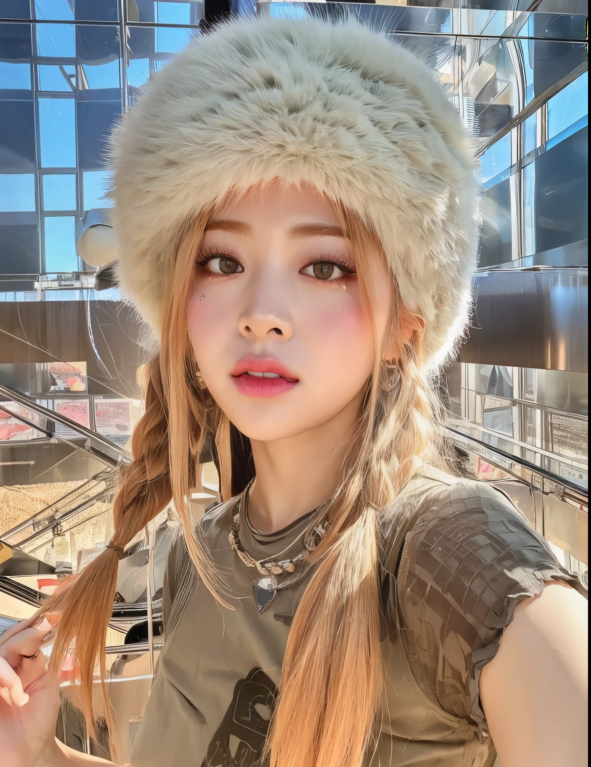 Araffe girl with long hair wearing a furry hat and holding a cell phone., Parque Roseanne de Blackpink, Retrato de Jossi de Blackpink, Lalisa Manoban de Blackpink, Lalisa Manobal, Jossi de Blackpink, Sakimichan, Blackpink Jennie, ulzzang, Jinyoung Shin, portrait of female Korean idol, Wan adorable cara coreana