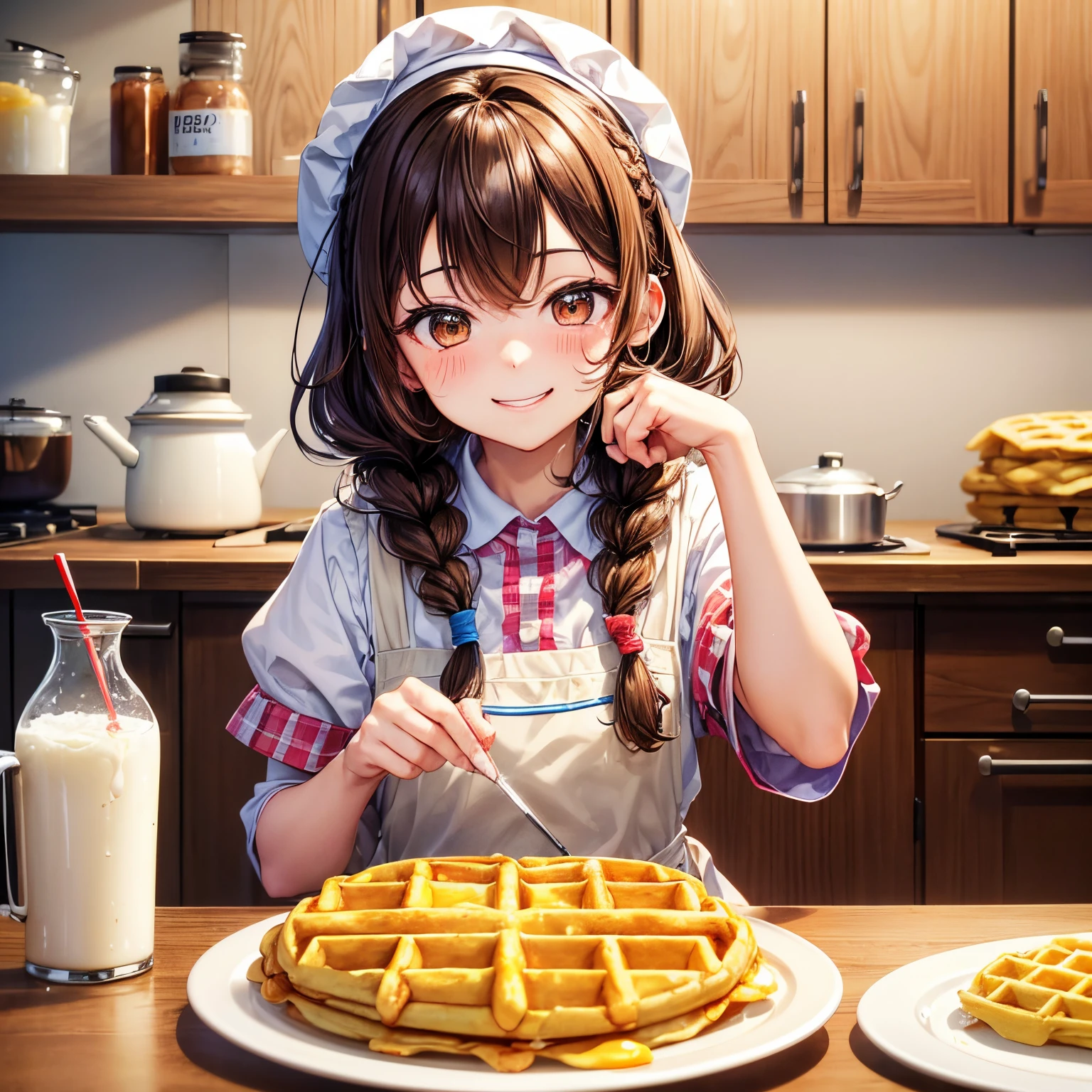 Colorful and cute home kitchen,(Ingredients for making sweets such as flour, eggs, and sugar),((waffles on a plate)),((fried egg on top of the waffle)),fluffy hair,brown haired,((Braiding,Braids,Odango Hair)),Slightly red tide,((Brown eyes)),(Ruffled apron),((I have white cream on my face and hands...........)),(Tejepero),(Smile slightly),(Kamimei),(close up of face),(In conditioning),Plenty of pancakes and waffles in a frying pan or hot plate