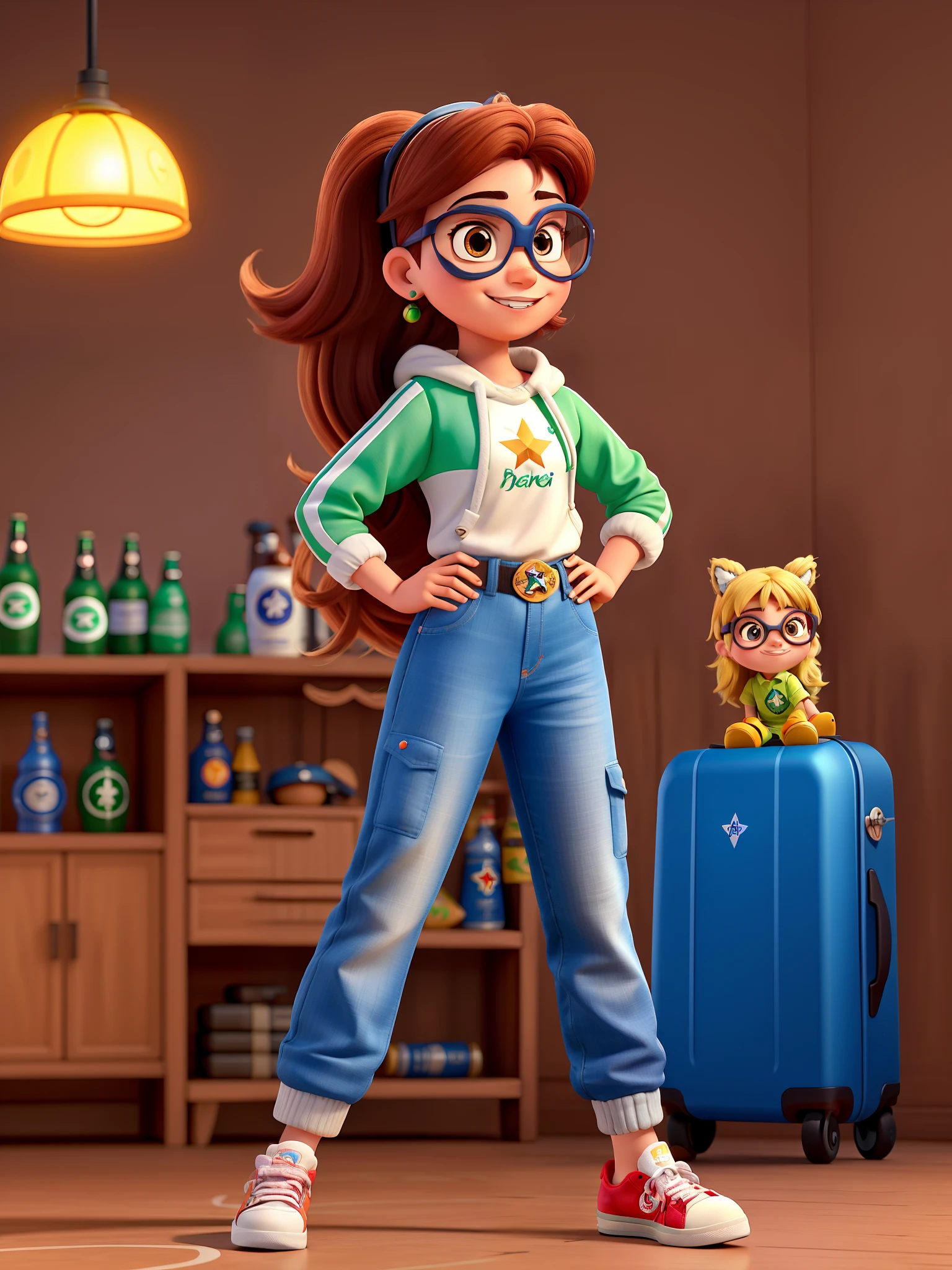 Mulher branca cabelo curto e com mechas, wearing goggles, estilo Disney pixar, teeth forward like the character Mônica by Maurício de Souza, wearing all star sneakers and drinking a Heineken