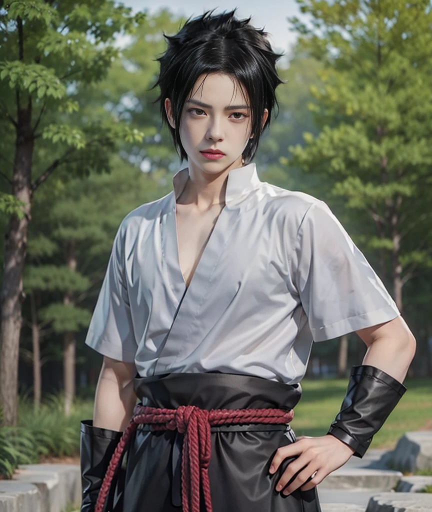 young man, pale skin, spiky black hair, black eyes, big lips, white clothes, Sasuke Uchiha, realistic, 3d