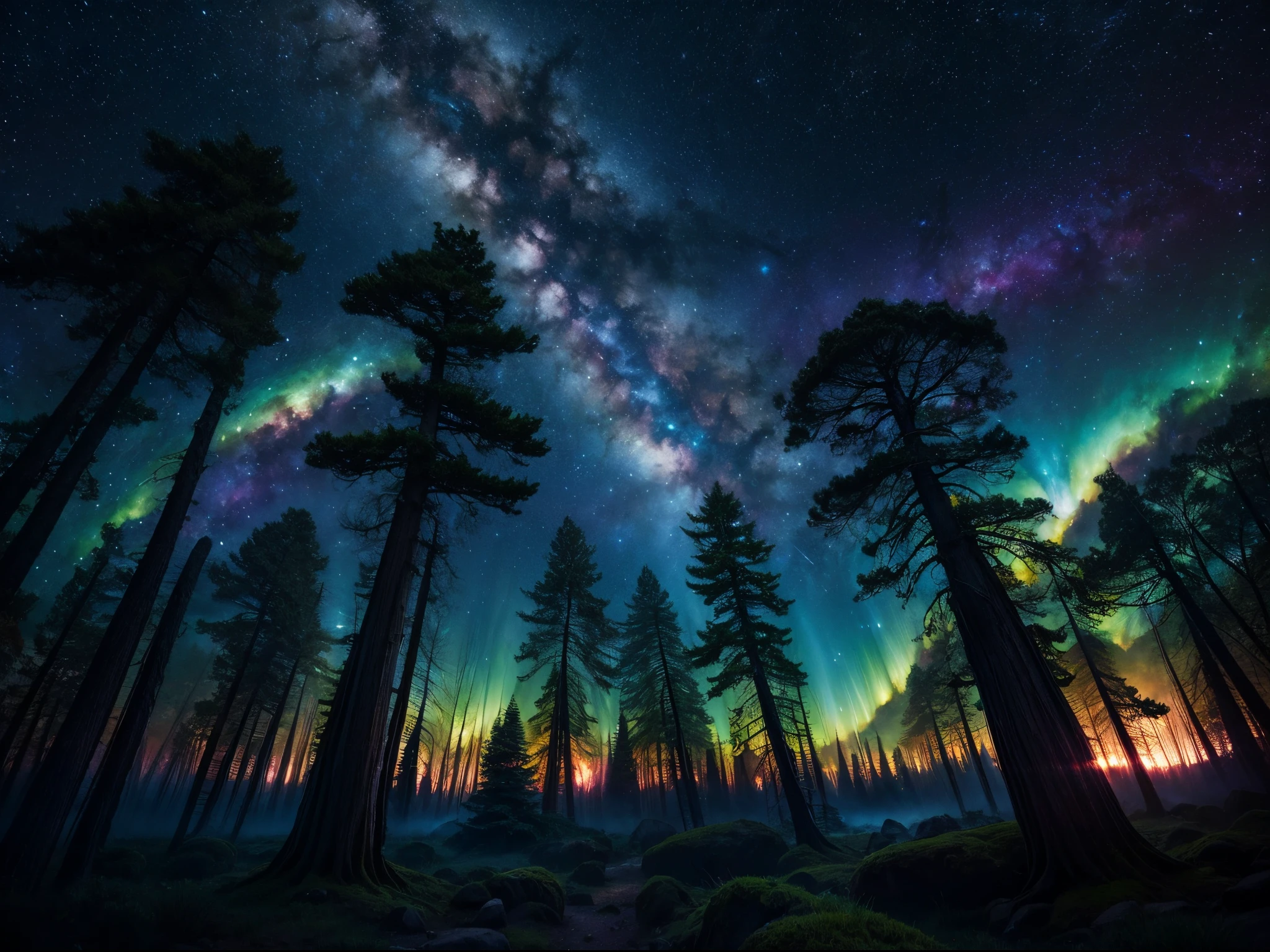 Combine the essence of a serene forest with the vibrant hues of a cosmic nebula. Imagine a surreal dreamscape where ancient trees blend seamlessly with interstellar clouds. Use the textures and colors to create an otherworldly experience.