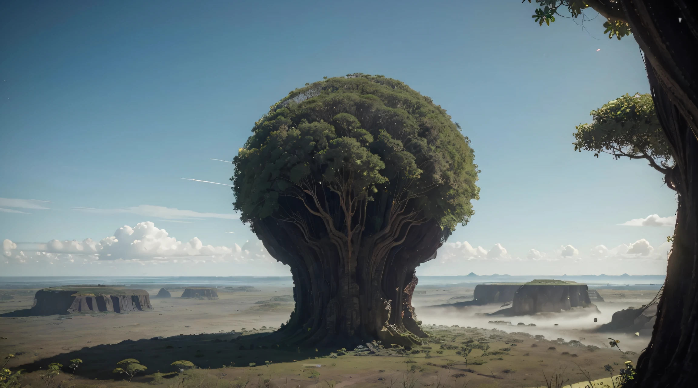 Great masterpieces of art, 8K, Atmospheric art, unexplored tropical planet, Open plateau, jungles, big tree towards the sky々, huge mountain on the horizon々, futuristic space base (Sci-Fi Design), a person々walk on base, There are all-terrain vehicles with a futuristic look, two natural satellites in the sky