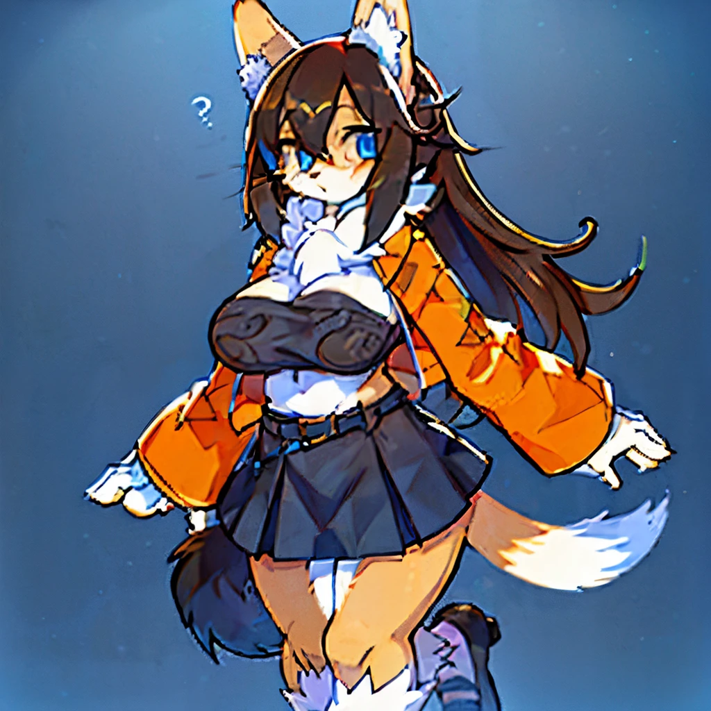 a female furry wolf with long dark brown hair and light blue fur wearing a blue sweater, black heels, dark gray skirt, blue eyes, leather belt, big boobs, digital draw