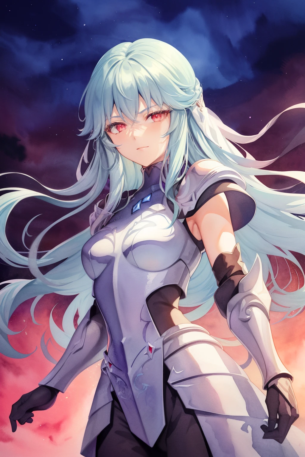 (high-quality, breathtaking),(expressive eyes, perfect face), 1girl, female, solo, armor, dark onyx purple armor, saint seiya armor, spectre armor, fantasy armor, light cyan blue hair, long hair, red eyes, ( watercolor \(medium\), night sky background, ice, small smile