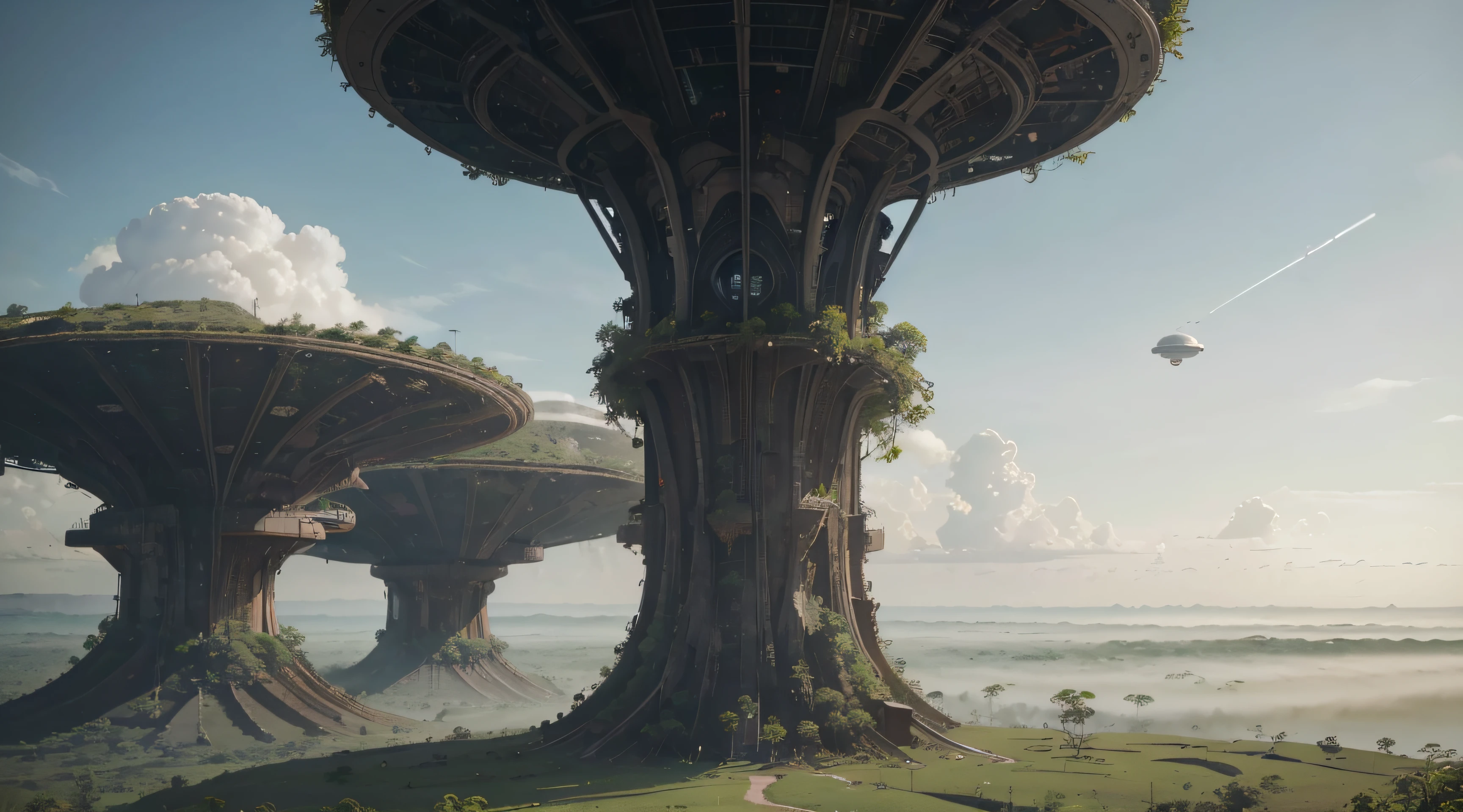 Great masterpieces of art, 8K, Atmospheric art, unexplored tropical planet, Open plateau, jungles, big tree towards the sky々, huge mountain on the horizon々, futuristic space base (Sci-Fi Design), a person々walk on base, There are all-terrain vehicles with a futuristic look, two natural satellites in the sky