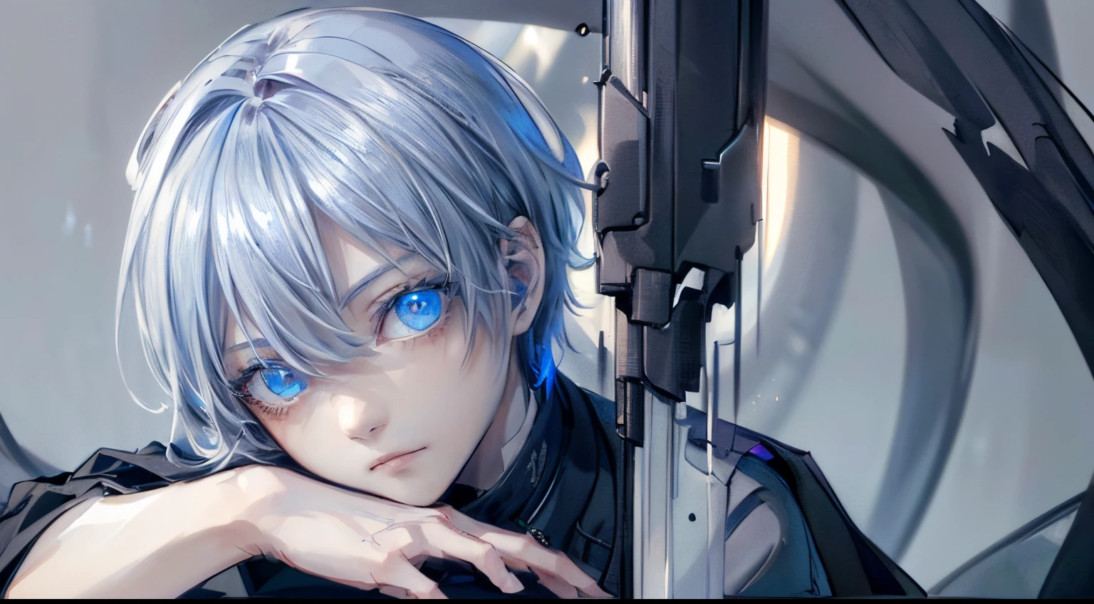 ((4K works))、masterpiece、Shot alone、Smirk、(top-quality)、((high-level image quality))、((One beautiful boy))、Slim body、((Black Y Shirt Fashion))、(Detailed beautiful eyes)、Fantastic city、((Neutral face))、((Light blue eyes))、((18year old))、((elongated and sharp eyes))、Villain、