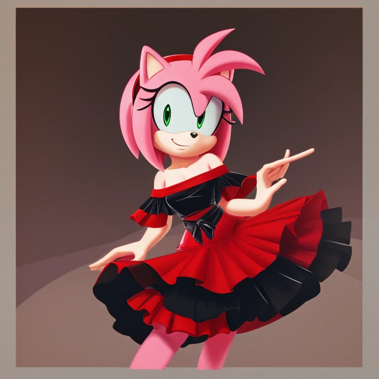 Amy Rose as a Flamenco Dancer, smile, black dress, black off-the-shoulder dress, long skirt, upper body, 1990s Abstract Background.