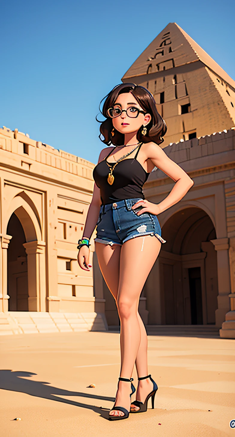 40-year-old woman, gordita, grandes pechos, pelo rubio largo rizado, gafas, mini shorts vaqueros deshilachados, top muy corto y escotado, high heel shoes, colgante de amor libre, pendientes de aro grandes, pulseras de muchos colores, at the Gizhé pyramids in Cairo, Egipto, 8k, alta calidad, obra maestra, cuerpo completo, lente gran angular