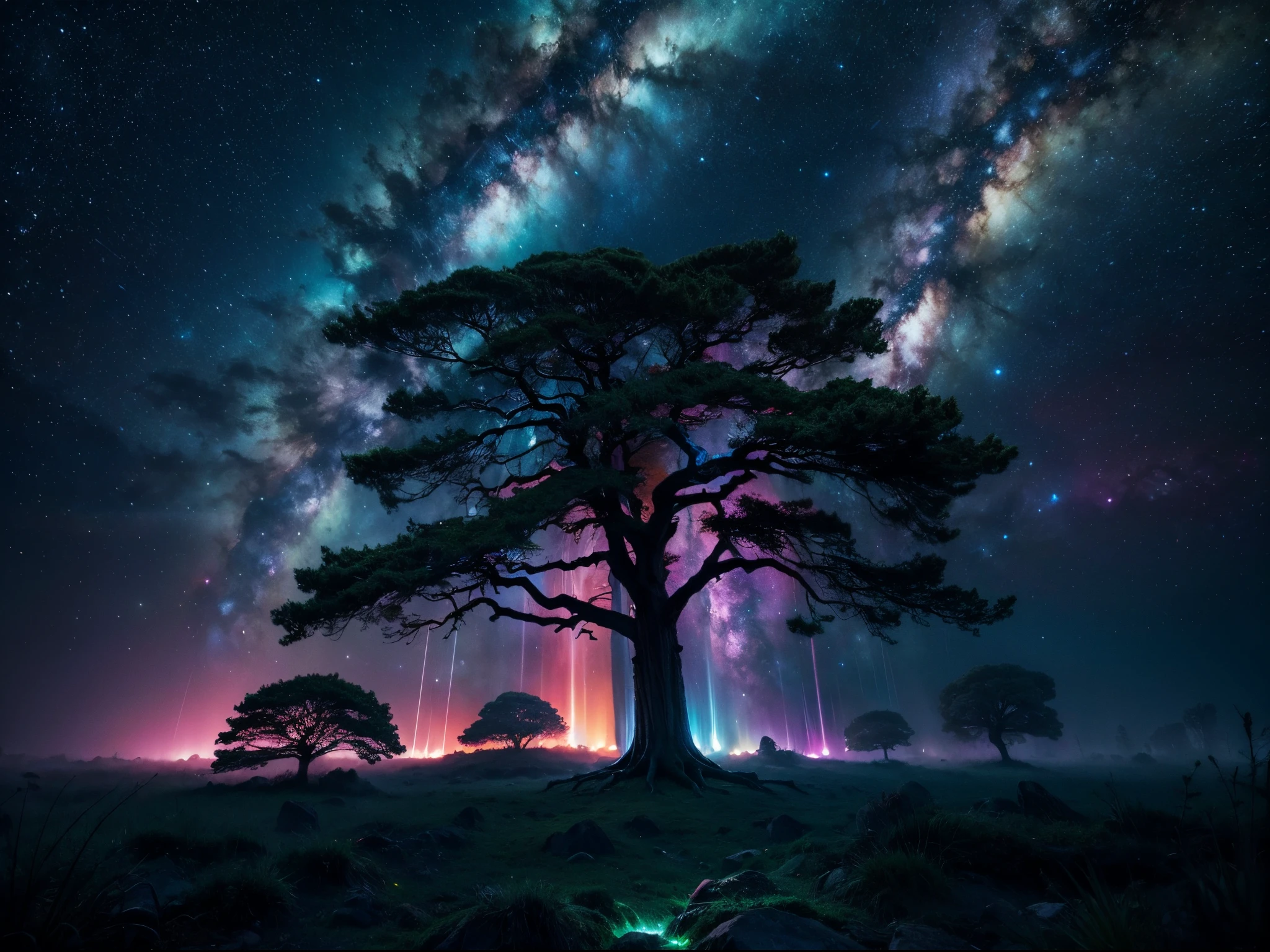 Combine the essence of a serene forest with the vibrant hues of a cosmic nebula. Imagine a surreal dreamscape where ancient trees blend seamlessly with interstellar clouds. Use the textures and colors to create an otherworldly experience. enormous tits