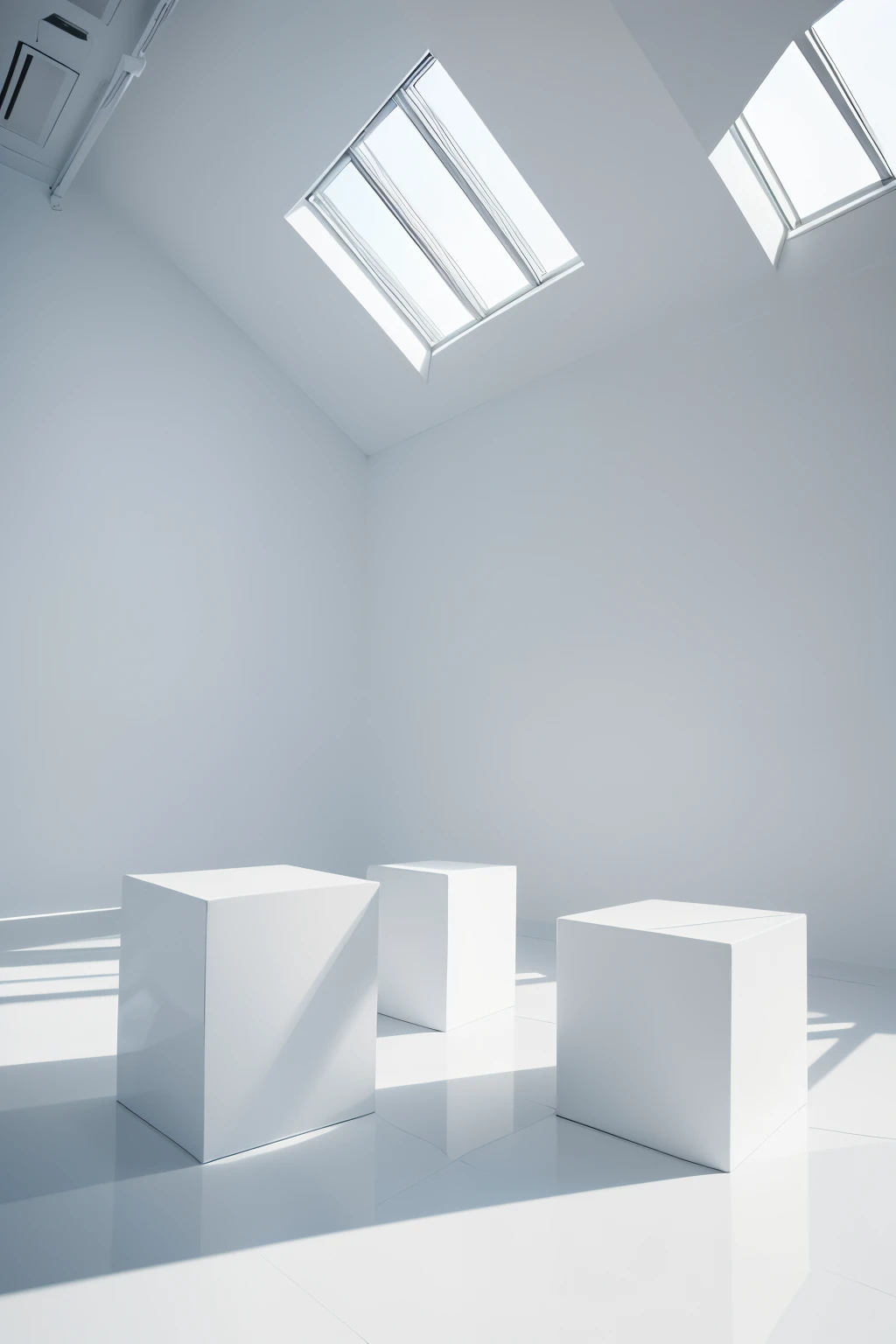white environment for photoshoot, there are cubes of different sizes and heights that are also white, they are in the environment, photoshoot, fashion editorial.