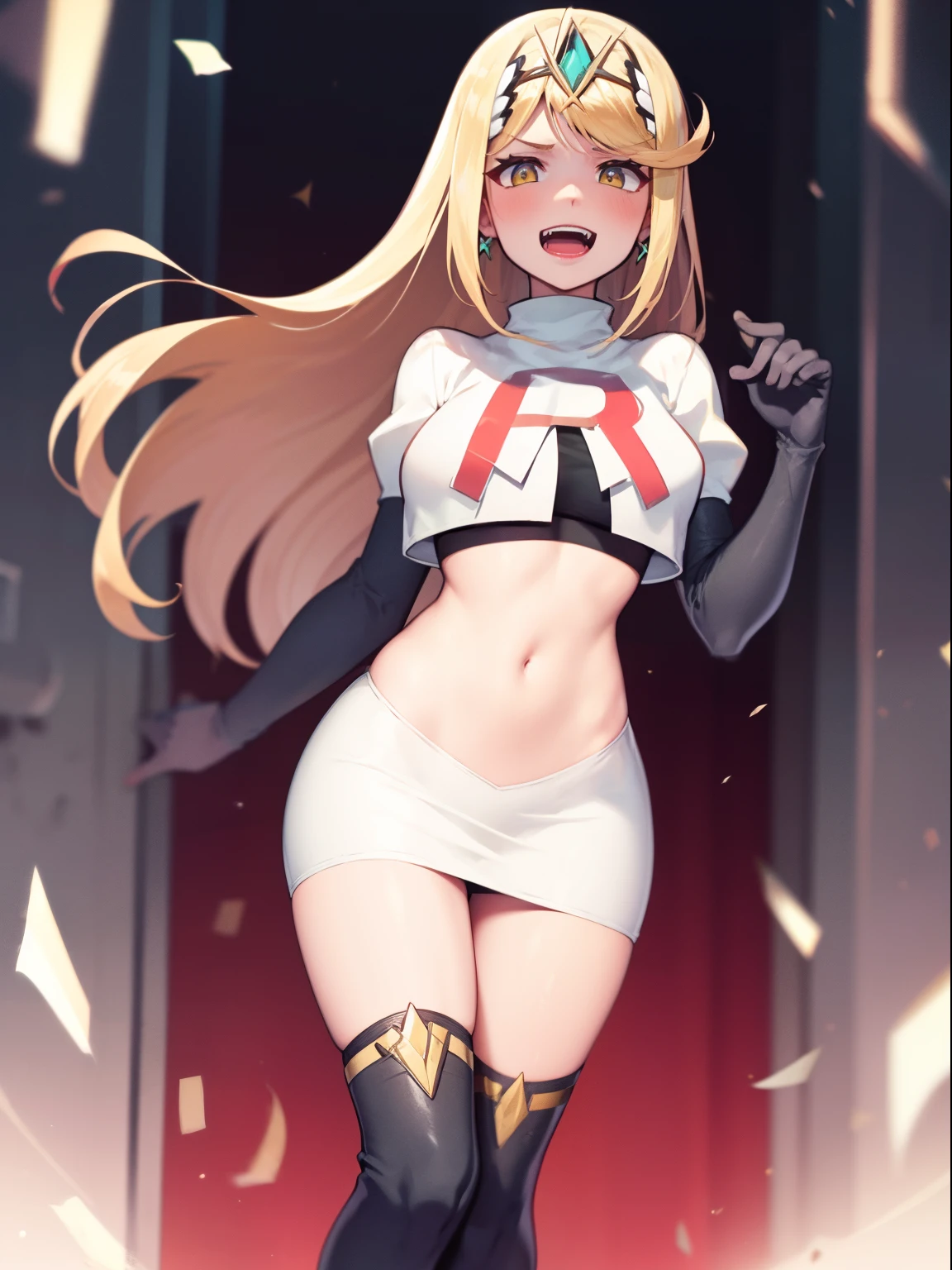 mythra \(xenoblade\), blond hair, yellow eyes, team rocket uniform, red letter R, white skirt,white crop top,black thigh-high boots, black elbow gloves, evil laugh,