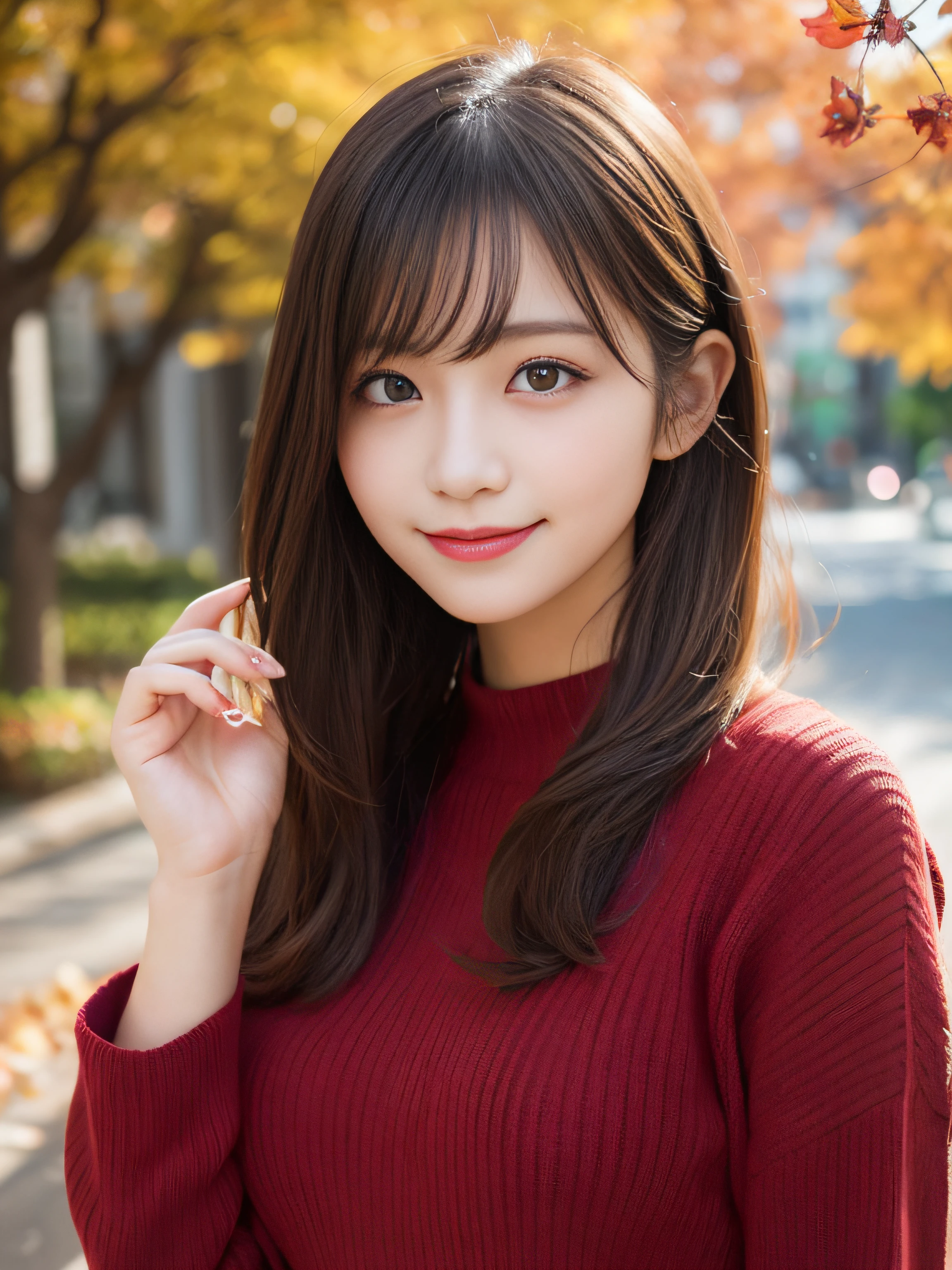 She looks happy when she sees this、Under the autumn sky、Red Sweater、masutepiece, Best Quality, Illustration, Ultra-detailed, finely detail, hight resolution, 8K Wallpaper, Perfect dynamic composition, Beautiful detailed eyes,Short bob hair,Small breasts natural color lip, Bold sexy poses,Smile,Shibuya、a 18 year old girl、Cute、Subject looking at sexy pose on camera、High tone hair color
