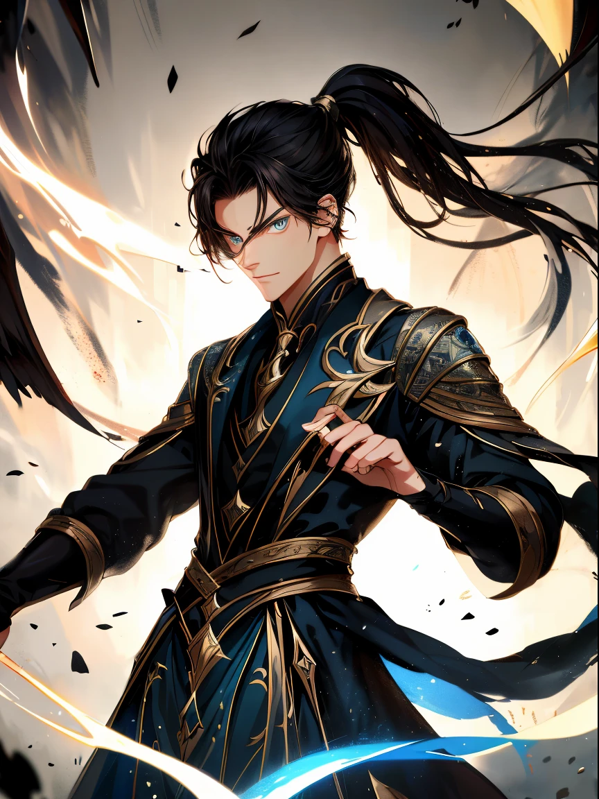 a painting that represents the nature of magic in his world，Black hair with high ponytail，blue eyed protagonist，There is a mysterious black mark on the neck，Blackn clothes，Immerse yourself in a barrage of magical energy，Normal hands，Glowing particles dance around him，Mysterious symbols formed in the sky，In the blue mysterious space， tmasterpiece， Best quality at best， ultra - detailed， lamplight， 8k resolution concept art， Fantasyart， epic art， 4K concept art wallpaper，deep colour，natural  lightting，swirls of magic，