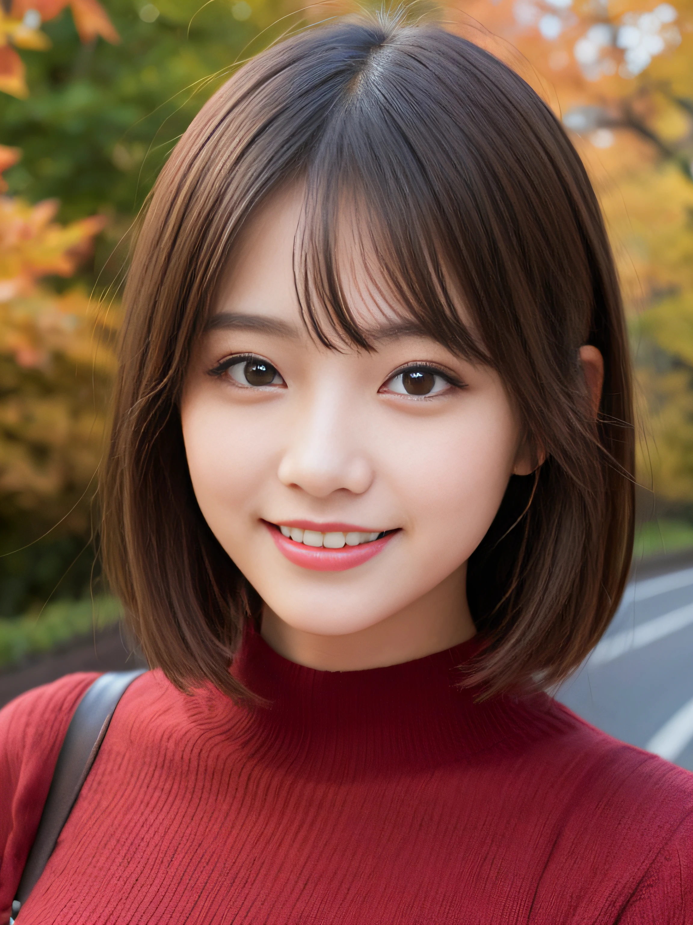 She looks happy when she sees this、Under the autumn sky、Red Sweater、masutepiece, Best Quality, Illustration, Ultra-detailed, finely detail, hight resolution, 8K Wallpaper, Perfect dynamic composition, Beautiful detailed eyes,Short bob hair,Small breasts natural color lip, Bold sexy poses,Smile,Shibuya、a 18 year old girl、Cute、Subject looking at sexy pose on camera、High tone hair color