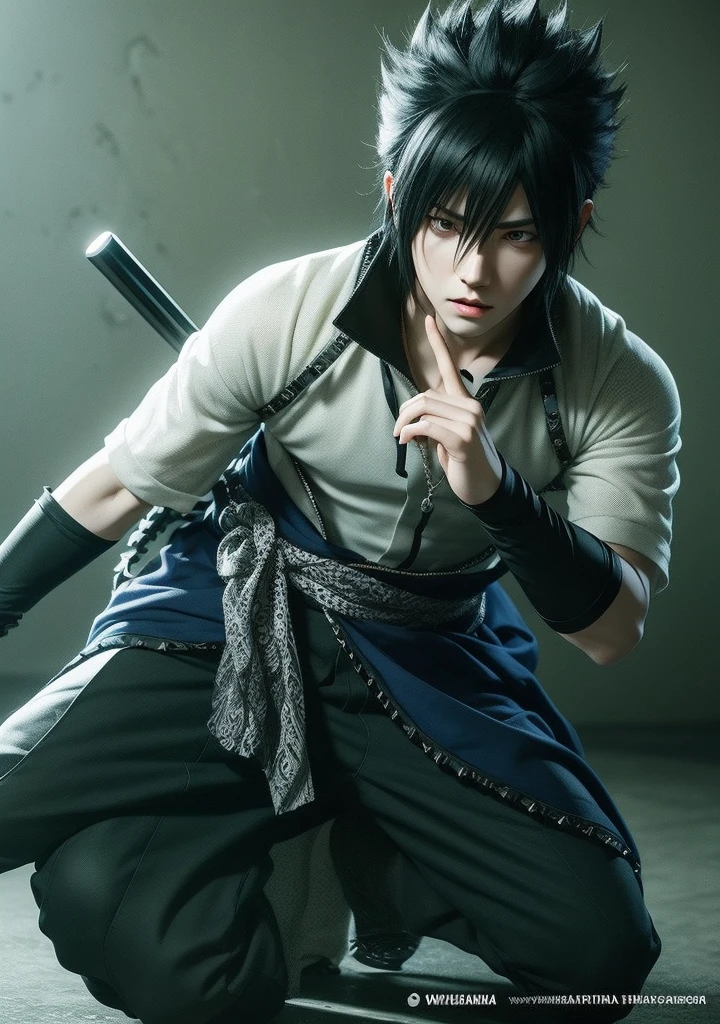 young man, pale skin, spiky black hair, black eyes, big lips, white clothes, Sasuke Uchiha, realistic, 3d