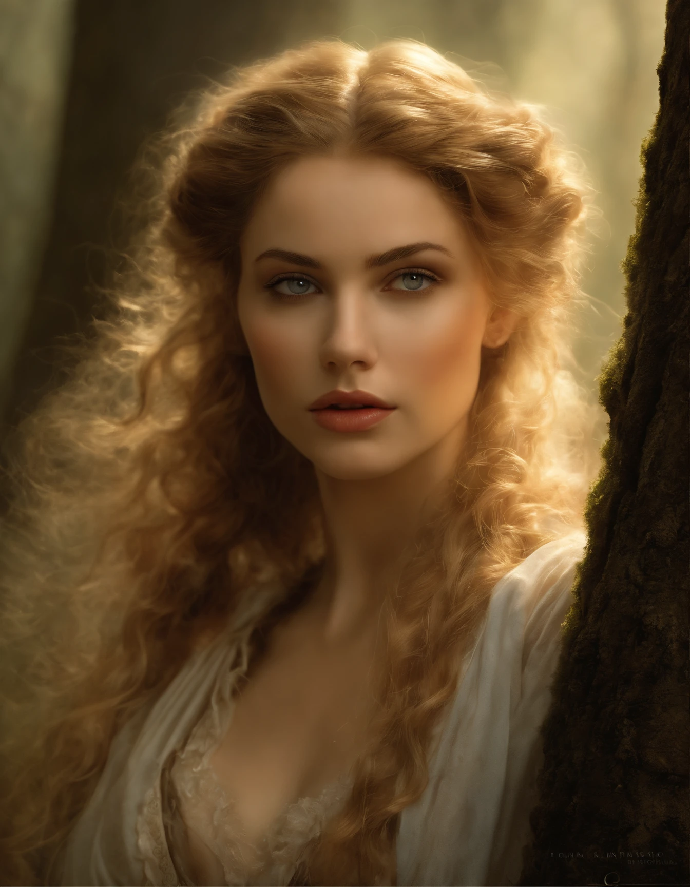 BY luis royo and mucha a beautiful and gorgerous YOUNG COUNTESS, 1700 CE, XVIII CENTURY background, romantic, masterpiece, desperate eyes, muted colors, pastels, beautiful and gorgerous round face ultra-highly detailed and cinematic 32k deviantart contest winning masterpiece, an enchantingly luminescent, dreamy, his beautiful expressive eyes and long wavy hair enhancing his natural beauty and sensuality, this professional concept art Greg Rutkowski and andrei shishkin and artgerm and emile vernon, porcelain white skin, dawn, romantic, mystical, dynamic lighting, digital painting, highly detailed, mist-shrouded forest background, masterpiece, best quality, dreamy colors, intense colors, rich color, feminine tone, amazing high resolution, 8k
