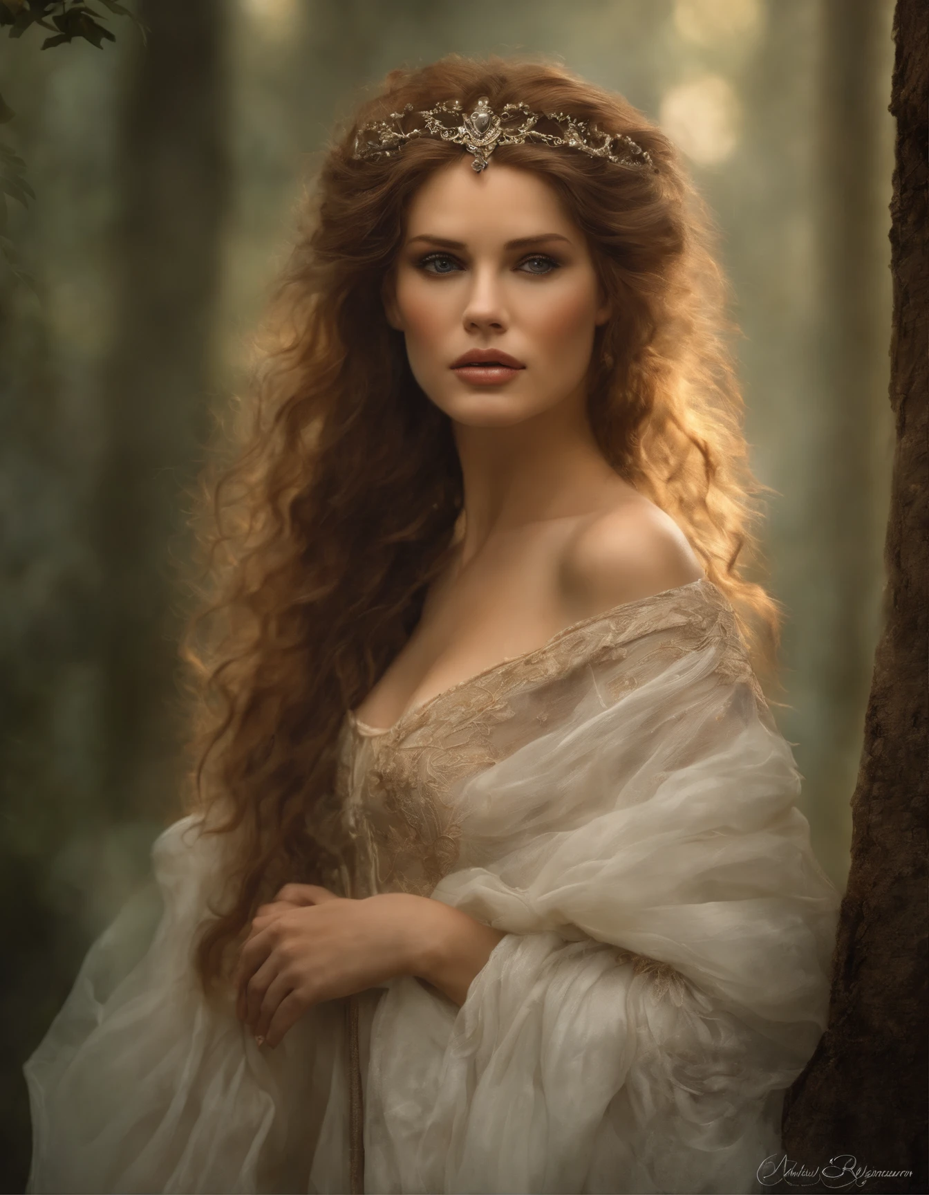 BY luis royo and mucha a beautiful and gorgerous YOUNG COUNTESS, 1700 CE, XVIII CENTURY background, romantic, masterpiece, desperate eyes, muted colors, pastels, beautiful and gorgerous round face ultra-highly detailed and cinematic 32k deviantart contest winning masterpiece, an enchantingly luminescent, dreamy, his beautiful expressive eyes and long wavy hair enhancing his natural beauty and sensuality, this professional concept art Greg Rutkowski and andrei shishkin and artgerm and emile vernon, porcelain white skin, dawn, romantic, mystical, dynamic lighting, digital painting, highly detailed, mist-shrouded forest background, masterpiece, best quality, dreamy colors, intense colors, rich color, feminine tone, amazing high resolution, 8k