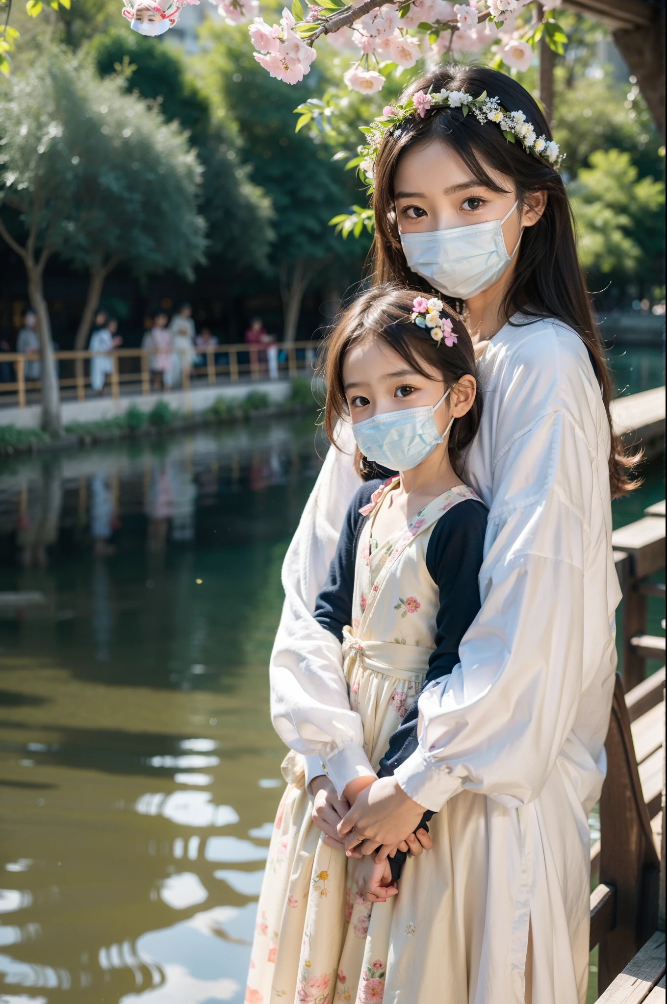 There was a woman and a child, woman, wearing face mask,Wearing a garland of children and teenagers, Wearing a garland was filmed with the Canon EOS 5 D Mark IV, with a child, Background with(River side、springtime),