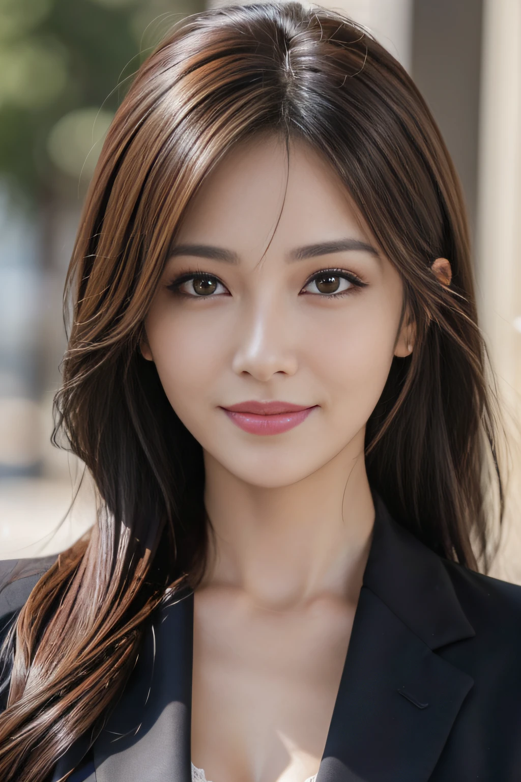 masutepiece, Best Quality, Photorealistic, Ultra-detailed, finely detail, High resolution, 8K Wallpaper, 1 beautiful woman,, light brown messy hair, in a business suit, foco nítido, Perfect dynamic composition, Beautiful detailed eyes, detailed hairs, Detailed realistic skin texture, Smiling, Close-up portrait, Model body type