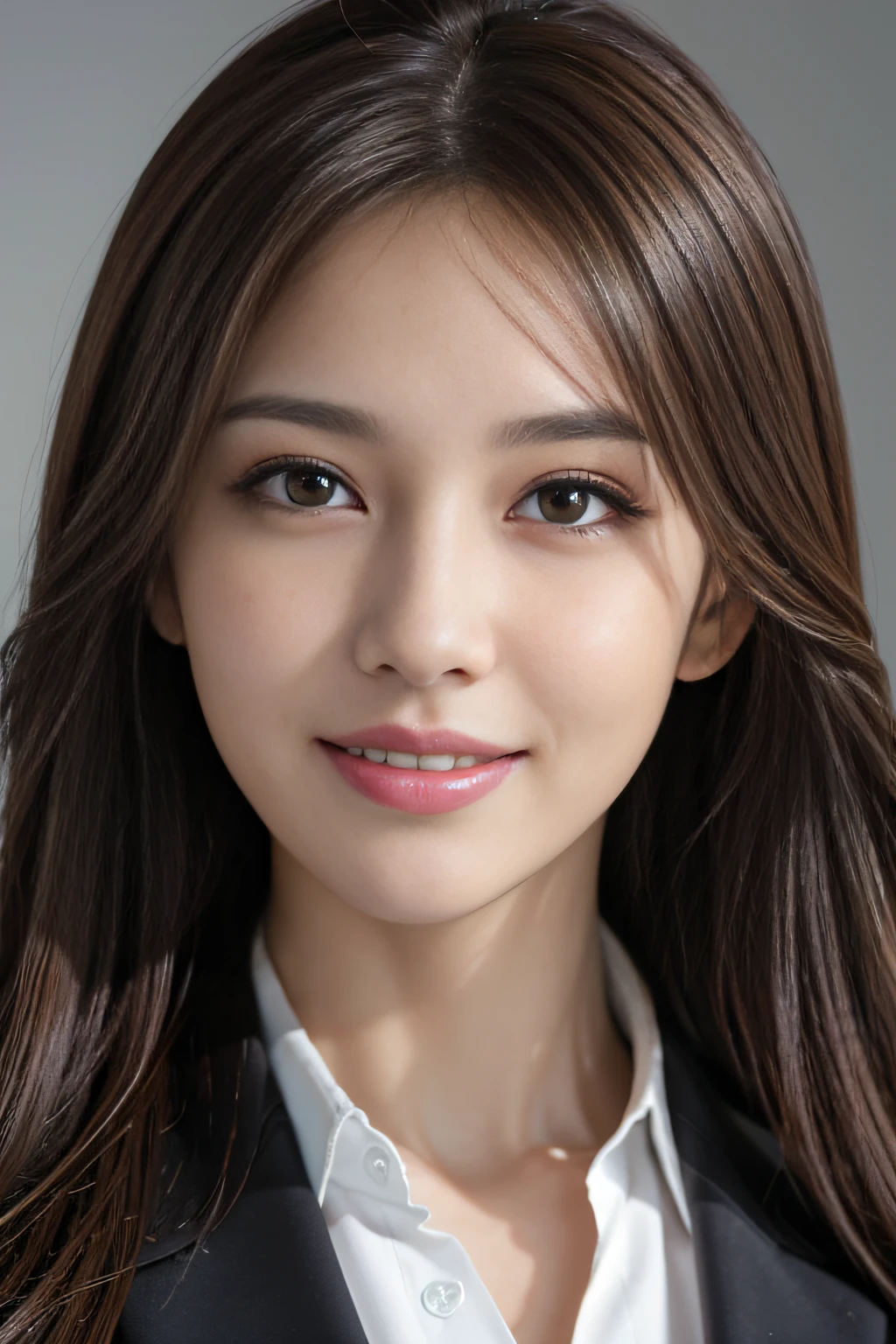 masutepiece, Best Quality, Photorealistic, Ultra-detailed, finely detail, High resolution, 8K Wallpaper, 1 beautiful woman,, light brown messy hair, in a business suit, foco nítido, Perfect dynamic composition, Beautiful detailed eyes, detailed hairs, Detailed realistic skin texture, Smiling, Close-up portrait, Model body type