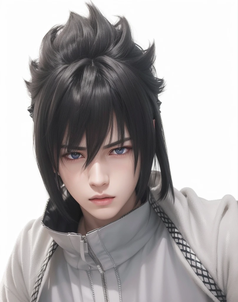 young man, pale skin, spiky black hair, black eyes, big lips, white clothes, Sasuke Uchiha, realistic, 3d