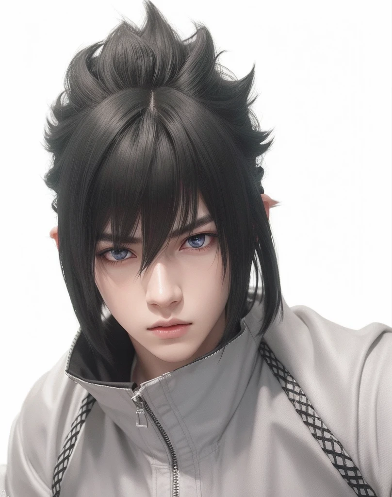 young man, pale skin, spiky black hair, black eyes, big lips, white clothes, Sasuke Uchiha, realistic, 3d
