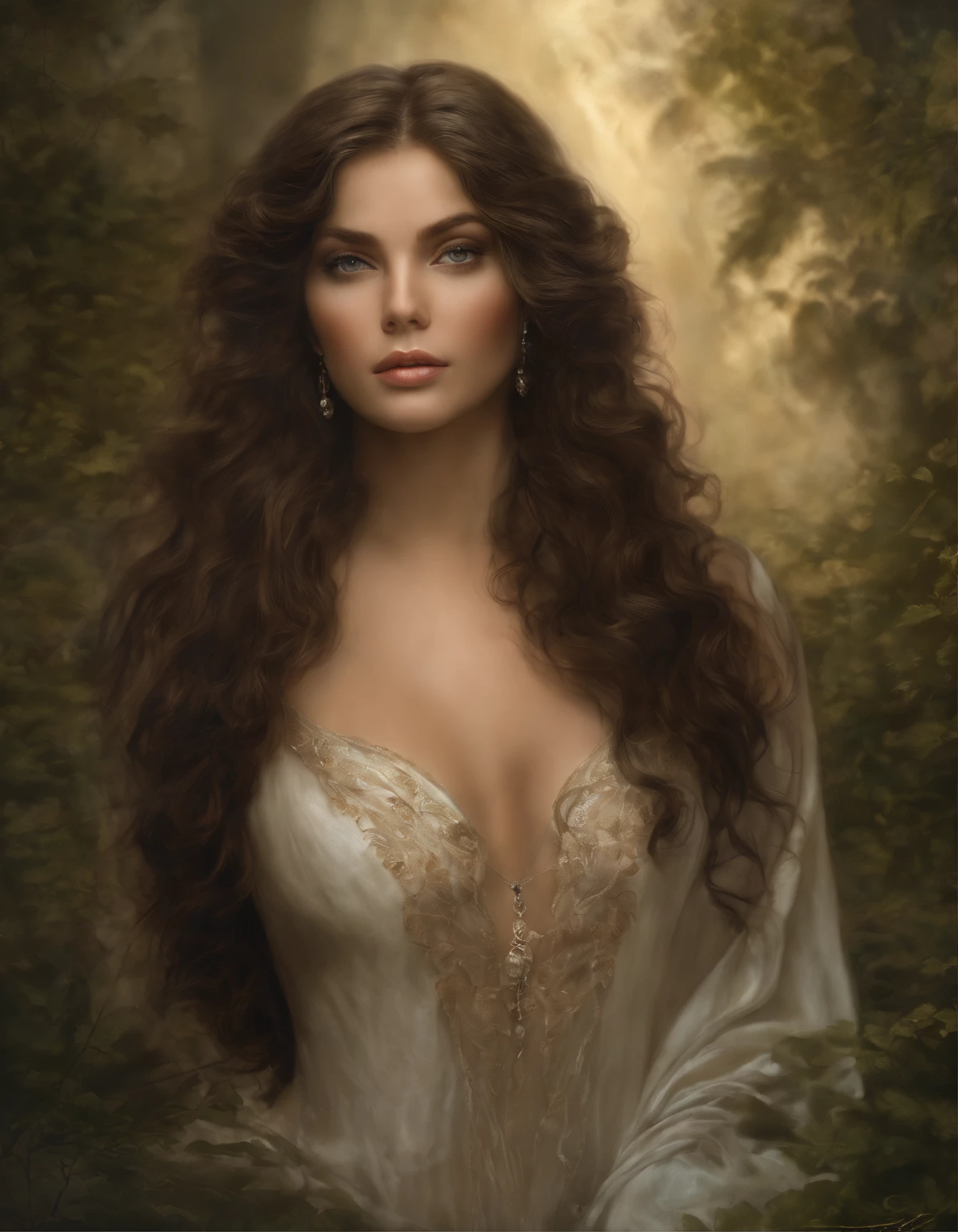 BY luis royo and mucha a beautiful and gorgerous YOUNG COUNTESS, 1700 CE, XVIII CENTURY background, romantic, masterpiece, desperate eyes, muted colors, pastels, beautiful and gorgerous round face ultra-highly detailed and cinematic 32k deviantart contest winning masterpiece, an enchantingly luminescent, dreamy, his beautiful expressive eyes and long wavy hair enhancing his natural beauty and sensuality, this professional concept art Greg Rutkowski and andrei shishkin and artgerm and emile vernon, porcelain white skin, dawn, romantic, mystical, dynamic lighting, digital painting, highly detailed, mist-shrouded forest background, masterpiece, best quality, dreamy colors, intense colors, rich color, feminine tone, amazing high resolution, 8k