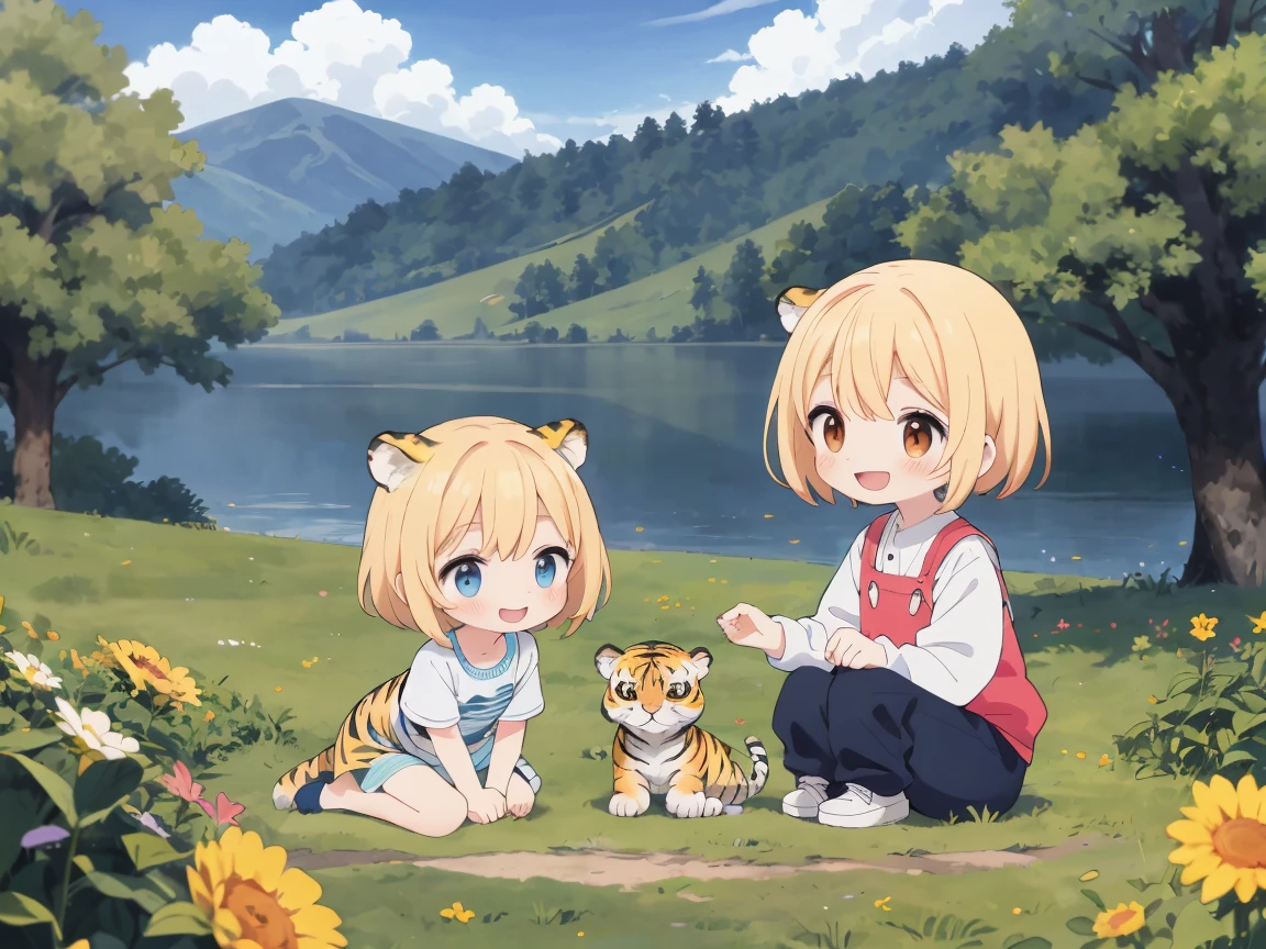 Best Quality, ultra-detailliert, {a tiger}children playing with tiger, Gamine2In person, a blond, nature backdrop,{Ruffled Clothes}Smiling children , Naughty figure,shading