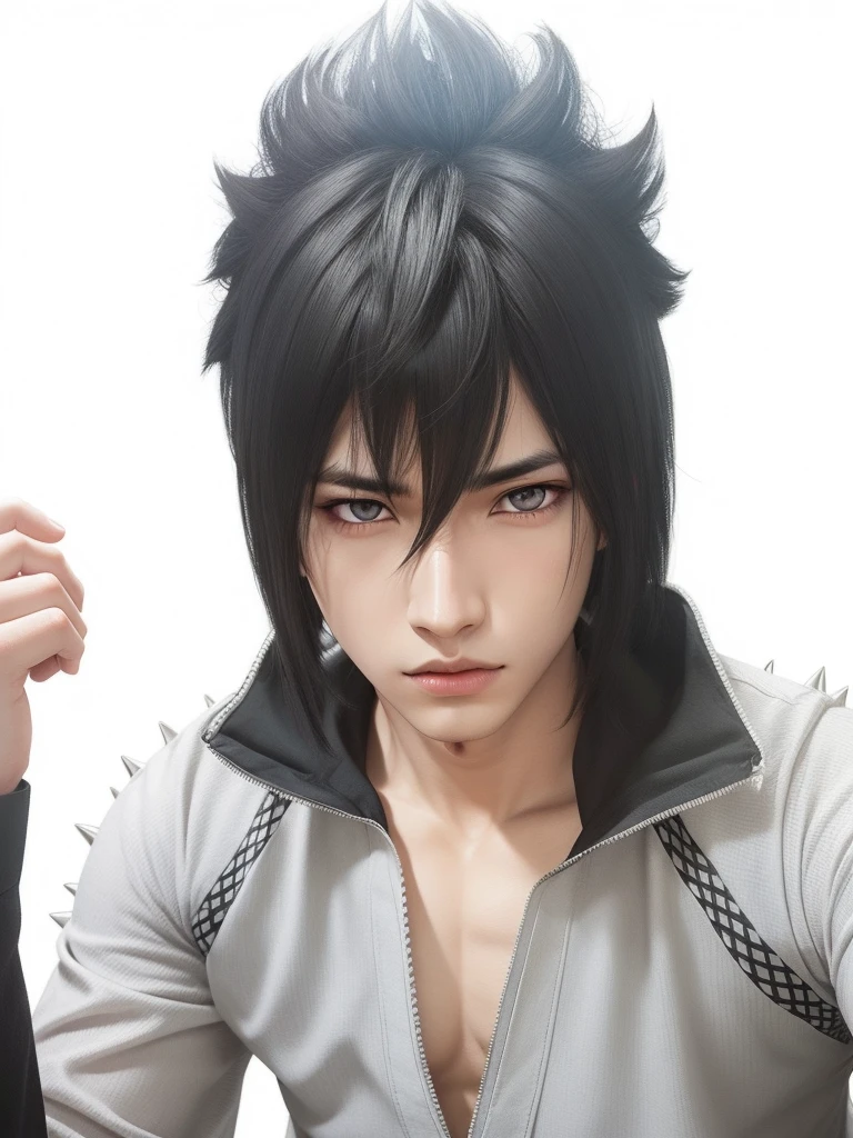 young man, pale skin, spiky black hair, black eyes, big lips, white clothes, Sasuke Uchiha, realistic, 3d