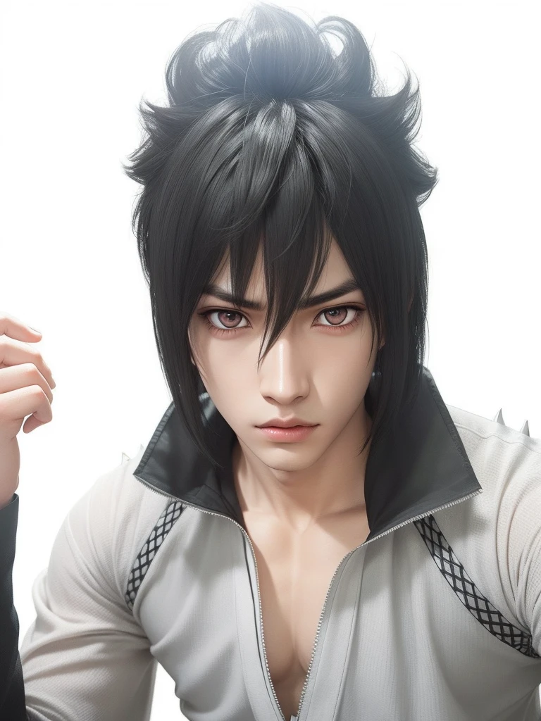 young man, pale skin, spiky black hair, black eyes, big lips, white clothes, Sasuke Uchiha, realistic, 3d
