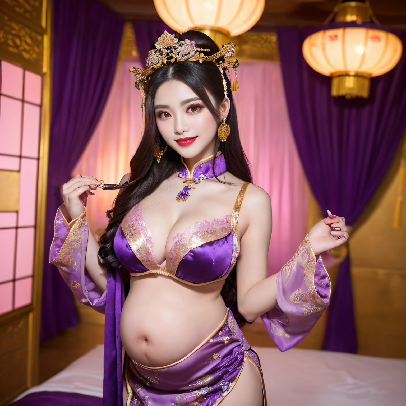 ((top-quality、masutepiece、8K、Top image quality、Highly complex and detailed depictions))、(The most gorgeous Chinese whore goddess:1.1)、Pregnant goddess、((The most gorgeous prostitution goddess huge costume、The most vivid and luxurious Chinese costumes、big long chinese goddess costume、The unimaginably beautiful bedroom of a Chinese goddess、purple and pink gems、(purple and pink goddess bedroom:1.3)、(romantic dark night:1.2)、(pink and purple lighting:1.2)、spectacular movie lighting、A glittering room decorated with jewels、The most sacred and beautiful Chinese goddess'Bedroom、mid night、Very complex decoration、very clear chinese goddess bedroom、(View me、Bewitching smile、Perfect makeup、long eyelashes、lipsticks、Pink eyeshadows、perfect anatomia、Biggest smile)、(huge beautiful curtains:1.1)、(The most elaborate goddess room:1.2)、(Professionally designed, Room interior with a sense of unity:1.3)