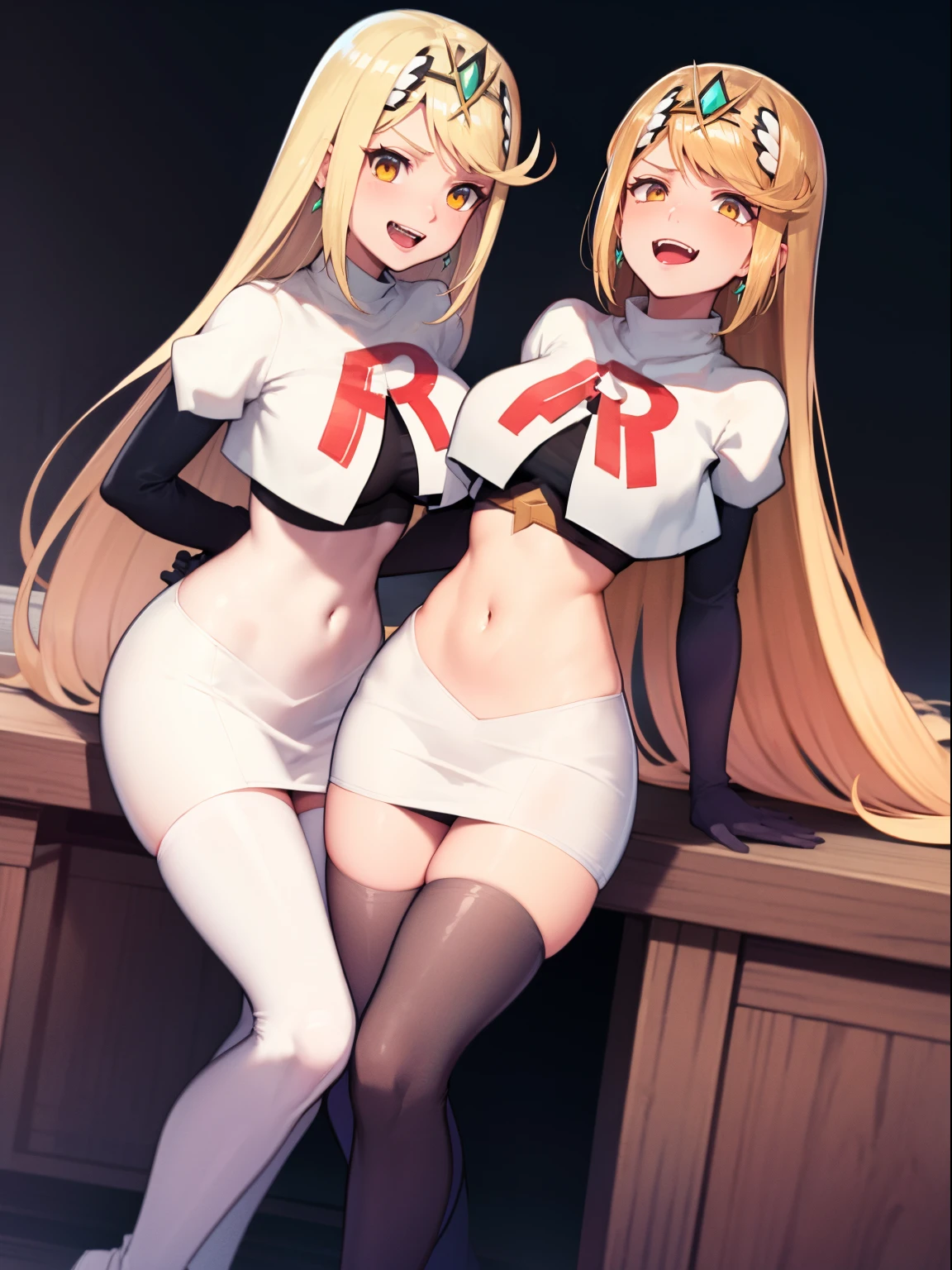 mythra \(xenoblade\), blond hair, yellow eyes, team rocket uniform, red letter R, white skirt,white crop top,black thigh-high boots, black elbow gloves, evil laugh,