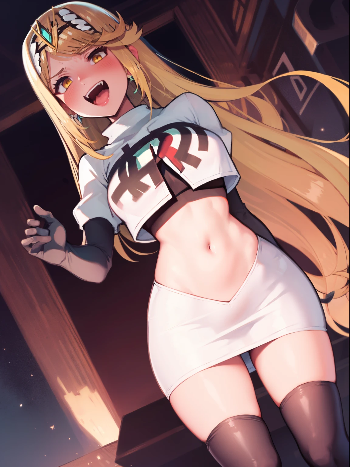 mythra \(xenoblade\), blond hair, yellow eyes, team rocket uniform, red letter R, white skirt,white crop top,black thigh-high boots, black elbow gloves, evil laugh,