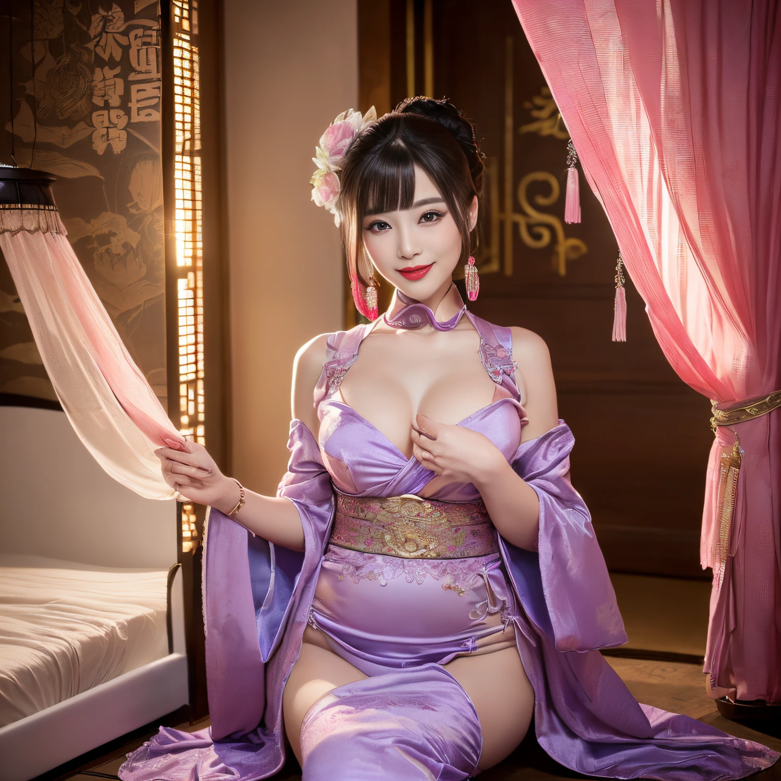 ((top-quality、masutepiece、8K、Top image quality、Highly complex and detailed depictions))、(the most gorgeous chinese prostitute:1.1)、(prostitute with baby:1.3)、(realistic and accurate baby:1.5)、(detailed and perfect baby:1.5)、((most gorgeous whore&#39;Huge costumes、The most vivid and luxurious Chinese costumes、big and long chinese prostitute costume、Oiran&#39;s most romantic bedroom、purple and pink gems、(purple and pink courtesan&#39;Bedroom:1.3)、(romantic dark night:1.2)、(pink and purple lighting:1.2)、spectacular movie lighting、A glittering room decorated with jewels、mid night、Very complex decoration、very clear chinese prostitute bedroom、(View me、Bewitching smile、Perfect makeup、long eyelashes、lipsticks、Pink eyeshadows、perfect anatomia、Biggest smile)、(A room surrounded by beautiful curtains:1.3)、(the most elaborate courtesan&#39;room with at:1.2)、(Professionally designed, Interior design with a sense of unity:1.3)