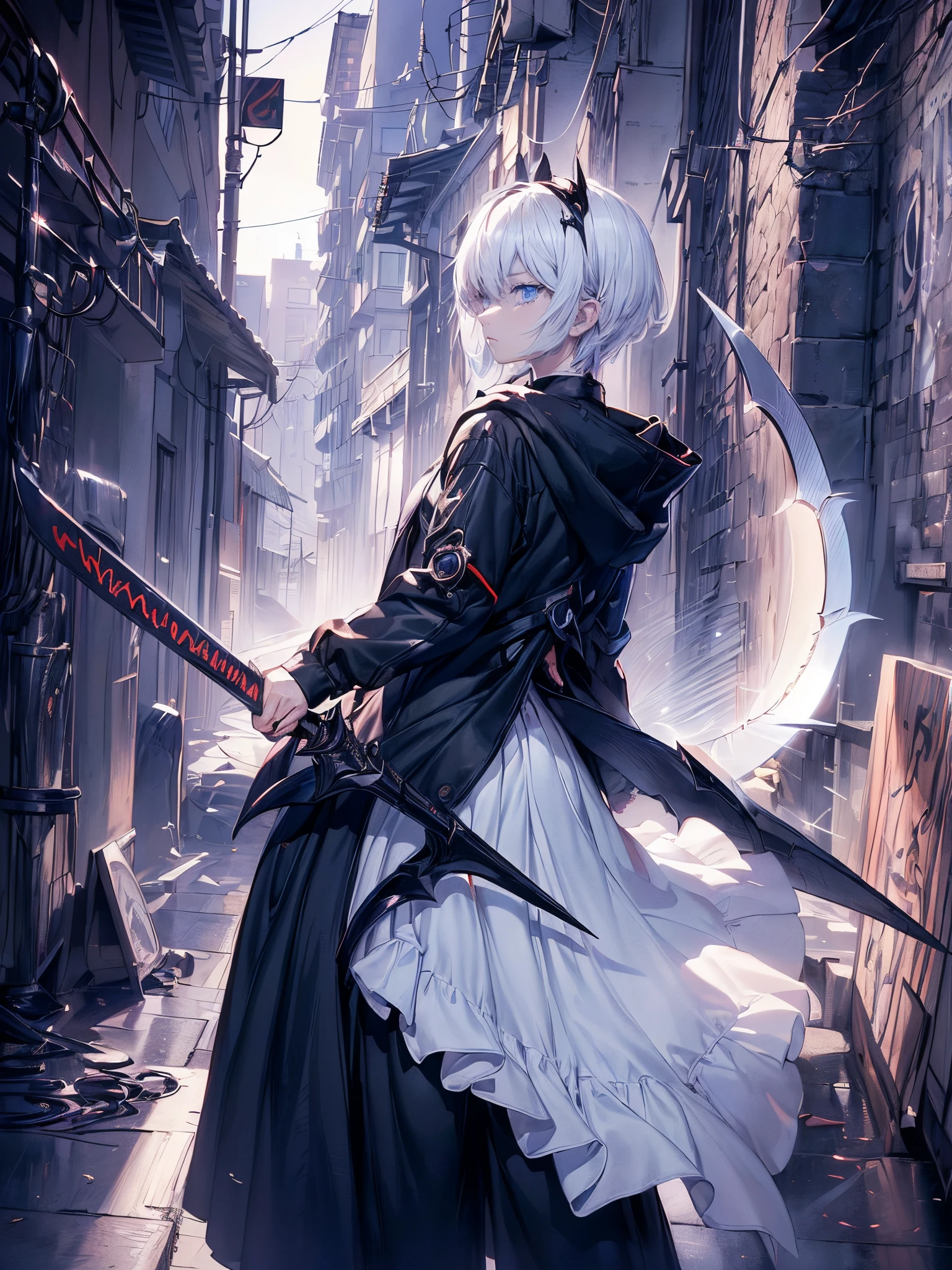 ((4K works))、​masterpiece、(top-quality)、One Beautiful Girl、One Evil Man、Slim body、tall、((Black Y-shirt and white pants、Charming street style))、Please wear one jacket、Wearing a hood to hide his face、(Detailed beautiful eyes)、Midnight Combat、In the fight against the demon man、((Dark back alley at midnight))、saddened、suffocating、desolate、((Pitch-black tunnel))、((Face similar to Carly Rae Jepsen))、((Short-haired white hair))、((Smaller face))、((Neutral face))、((Bright blue eyes))、((American adult women))、((Adult female 26 years old))、((cool lady))、((Like a celebrity))、((Korean Makeup))、((elongated and sharp eyes))、((angry expressions))、((In the fight with the sword))、((boyish))、Professional Photos、((Shot by two))、((He's fighting a demon man))、((He is in front of the viewer))、((Shot so that the back of the head and back are visible))、((shot from a side angle))、((He is looking forward to.、I can't see my face))、((He is fighting in a distant place))、horor、Photos of sadness、((Photos during the battle))