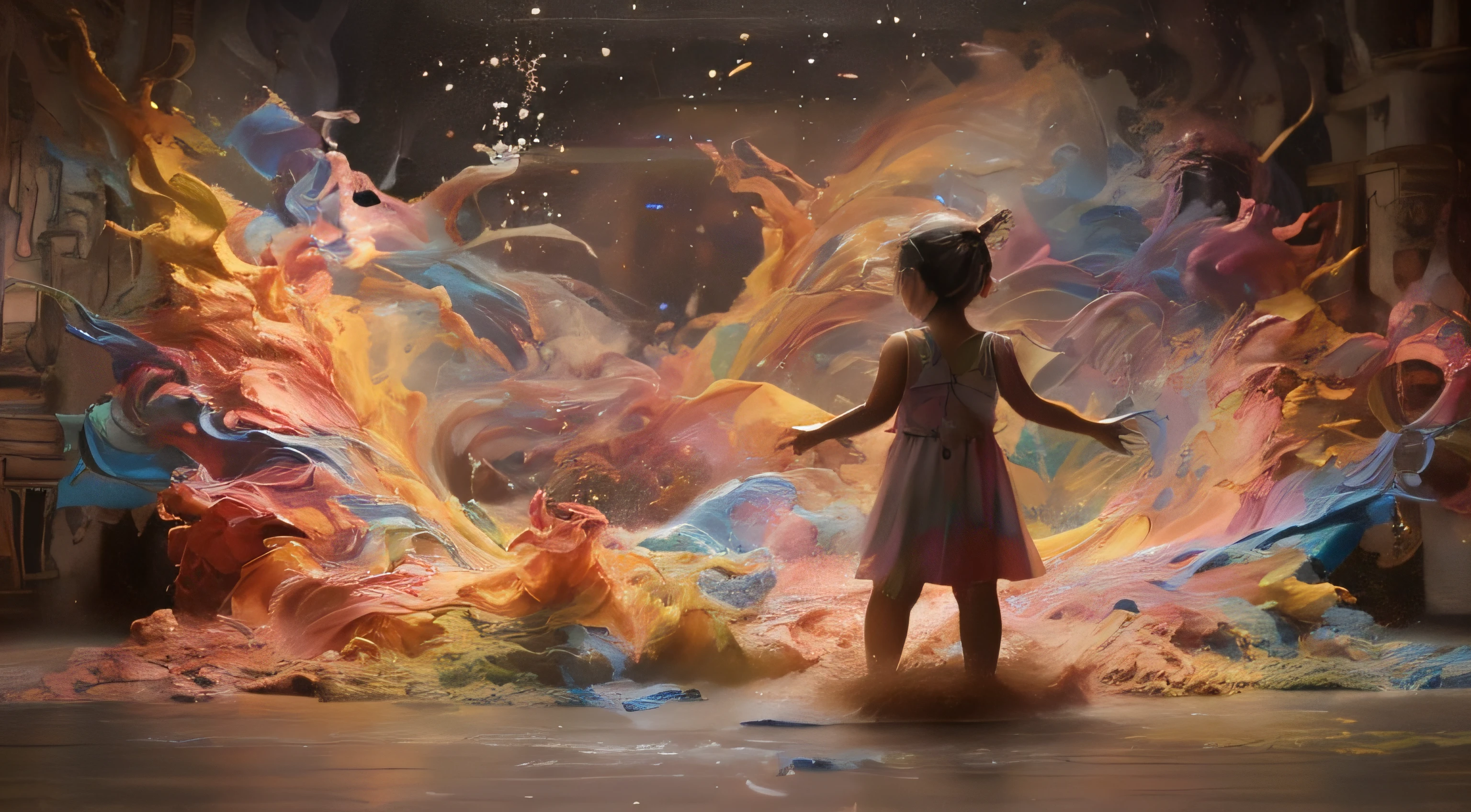 Stand in a room filled with colorful paints、Drawing of a girl in a dress, dreamlike digital painting, Colorful octane rendering, beeple. octan render, digitial painting. octan render, beeple. Hyper-Realism, Disturbing 4K digital art, beeple colors(beeple colors), with magical powers, Hermoso Render de Octanaje