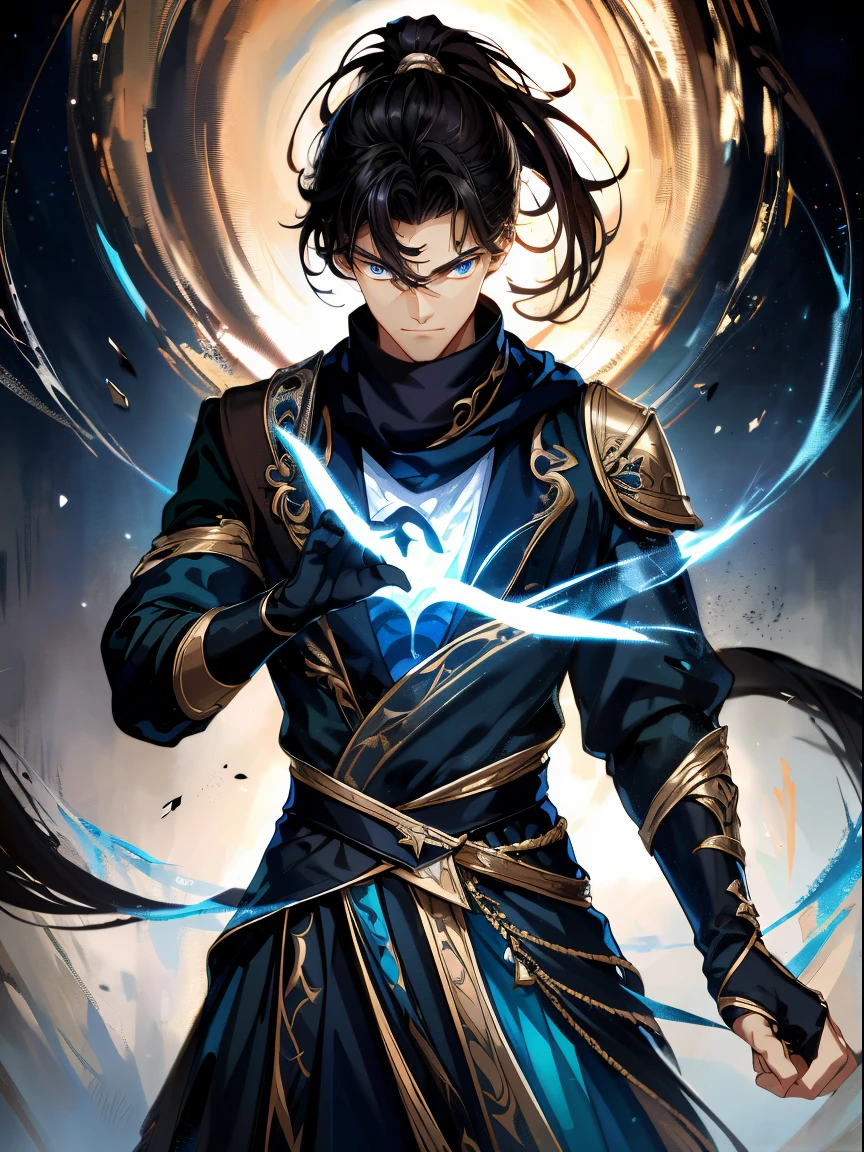 a painting that represents the nature of magic in his world，Black hair with high ponytail，blue eyed protagonist，There is a mysterious black mark on the neck，Blackn clothes，Immerse yourself in a barrage of magical energy，Normal hands，Glowing particles dance around him，Mysterious symbols formed in the sky，In a blue mysterious space， tmasterpiece， Best quality at best， ultra - detailed， lamplight， 8k resolution concept art， Fantasyart， epic art， 4K concept art wallpaper，deep colour，natural  lightting，magic vortex