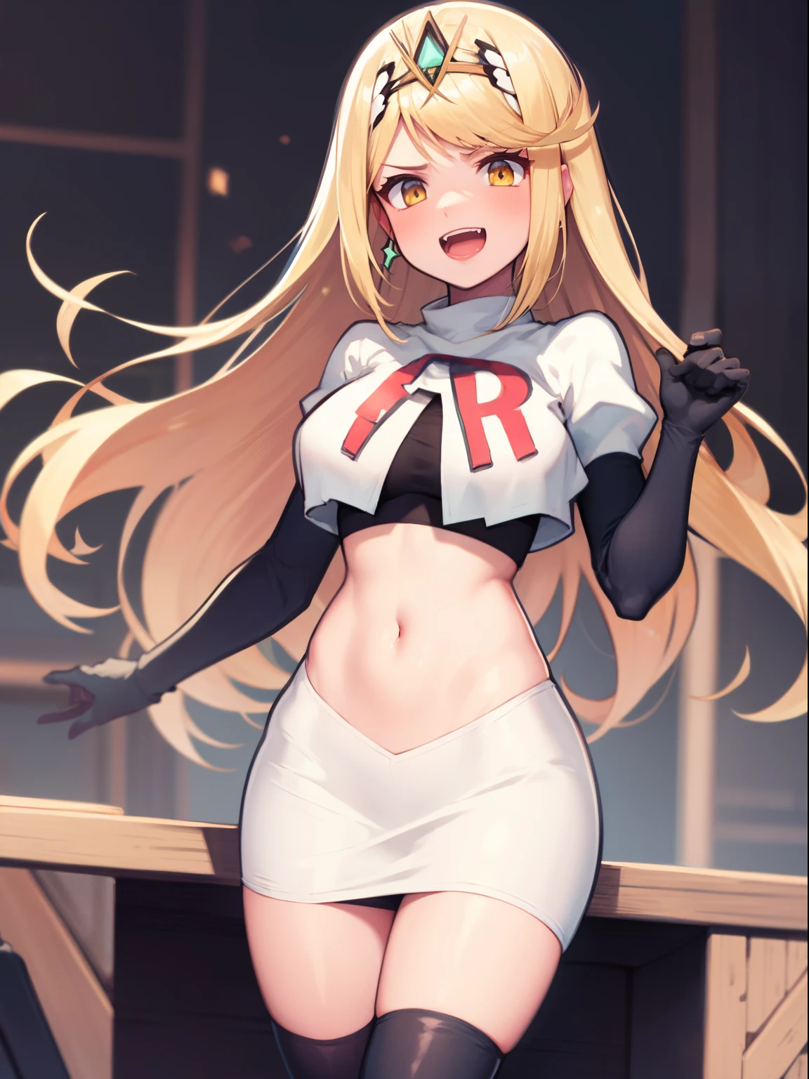 mythra \(xenoblade\), blond hair, yellow eyes, team rocket uniform, red letter R, white skirt,white crop top,black thigh-high boots, black elbow gloves, evil laugh,