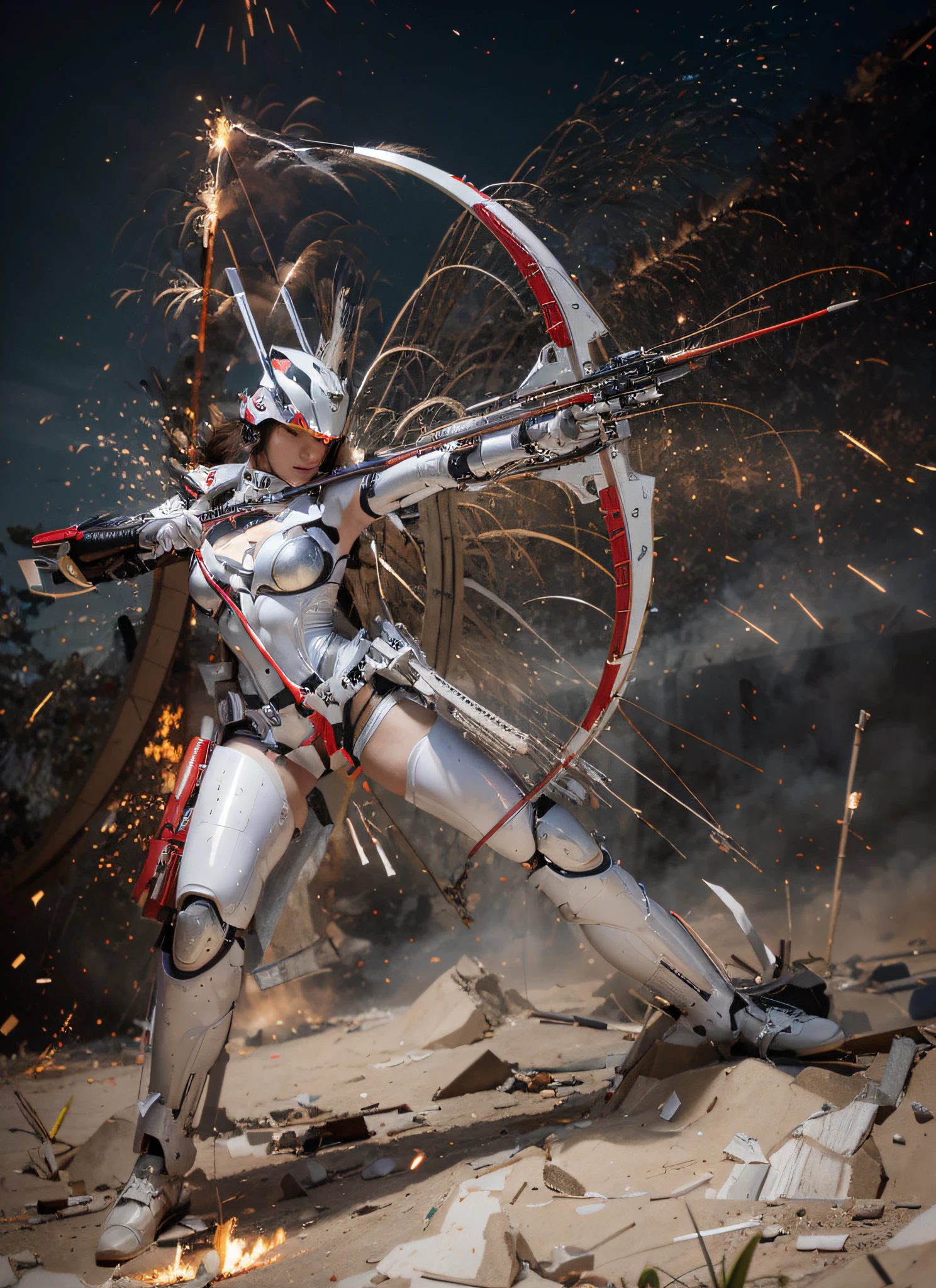 beautiful woman, en traje de cyborg moderno, color blanco con detalles en rojo, Modern Japanese style samurai helmet with red visor., lleva un arco ultramoderno, dispara flechas modernas, in a completely destroyed modern Asian city, Fuego, Explosiones, humo, 4k, Imagen ultra detallada, realista, Altamente detallado, perfect composition, splendid, Intrincadamente detallado, Incredibly detailed, 8 k artistic photography, hiper detallado, Obra maestra, Ultra detallado, hiperrealista, 4k, Imagen ultra detallada, realista, Altamente detallado, perfect composition , splendid, Intrincadamente detallado, Incredibly detailed, 8K fine art photography, hiperdetallado, Obra maestra
