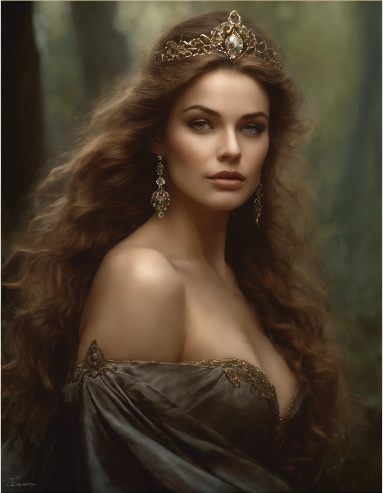 BY luis royo and mucha a beautiful and gorgerous YOUNG COUNTESS, 1700 CE, XVIII CENTURY background, romantic, masterpiece, desperate eyes, muted colors, pastels, beautiful and gorgerous round face ultra-highly detailed and cinematic 32k deviantart contest winning masterpiece, an enchantingly luminescent, dreamy, his beautiful expressive eyes and long wavy hair enhancing his natural beauty and sensuality, this professional concept art Greg Rutkowski and andrei shishkin and artgerm and emile vernon, porcelain white skin, dawn, romantic, mystical, dynamic lighting, digital painting, highly detailed, mist-shrouded forest background, masterpiece, best quality, dreamy colors, intense colors, rich color, feminine tone, amazing high resolution, 8k, in the style of shiny rhinestone crystals